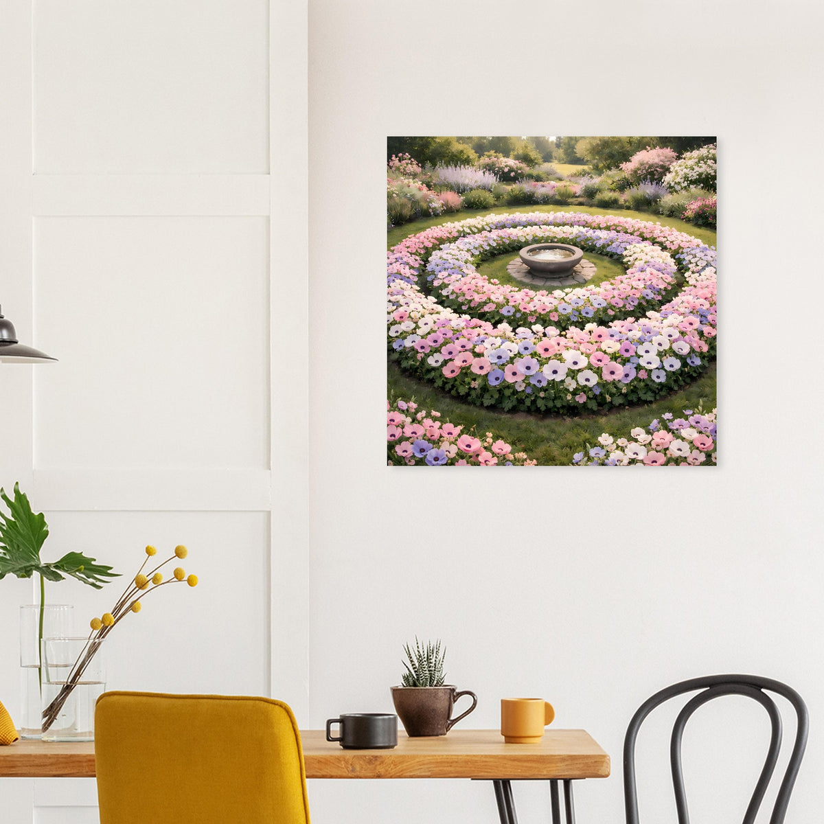 Quadratisches Wandbild mit kreisförmigem Blumengarten in Pastellrosa und violetten Akzenten