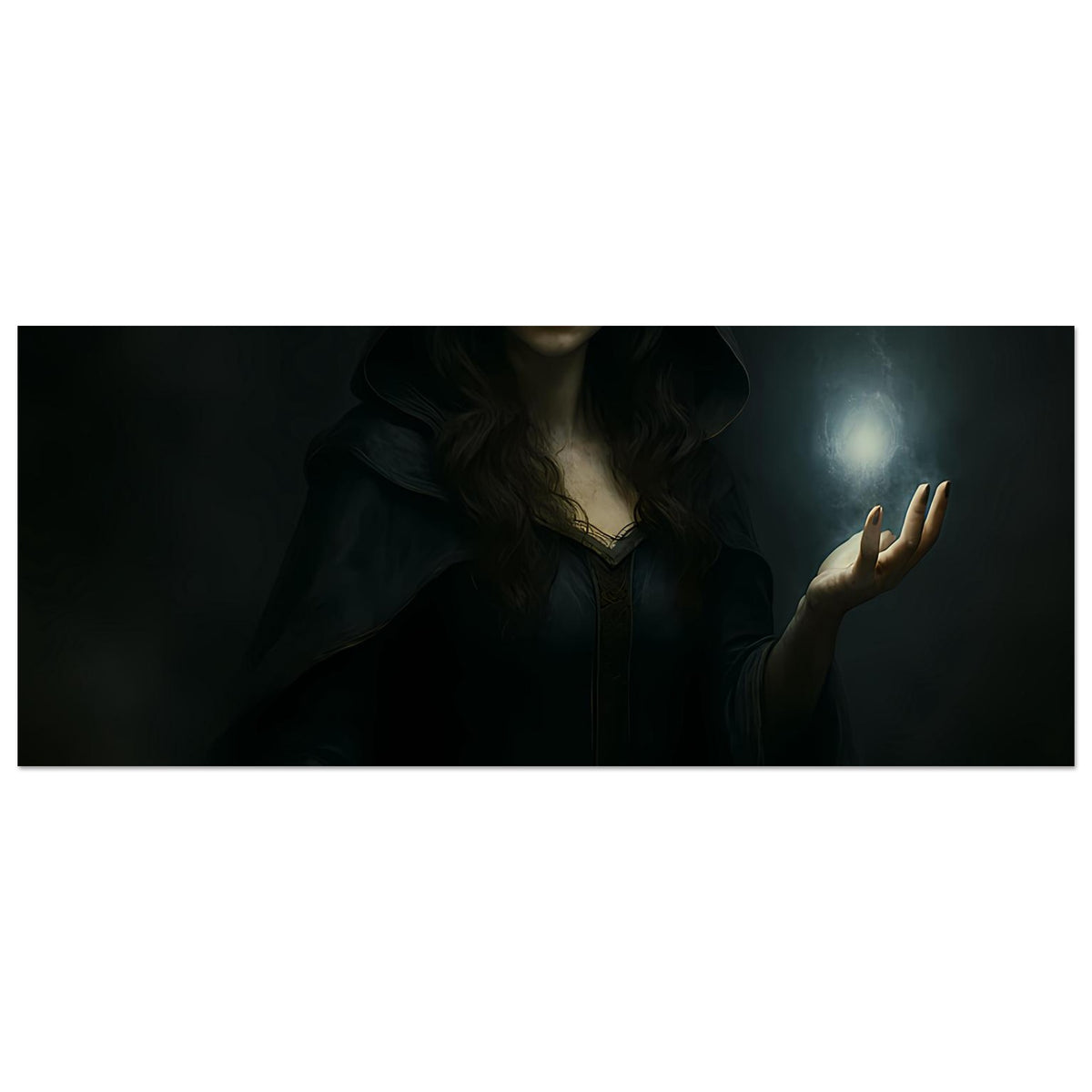 Fantasy-Poster (Querformat, Ausschnitt): Kapuzenträgerin, Lichtkugel rechts, Hand sichtbar