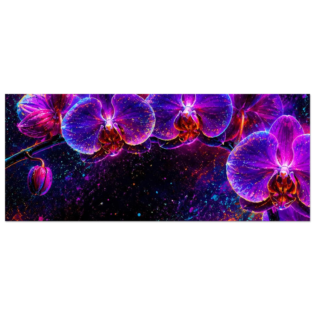 Neon-Orchideen-Poster im Querformat mit leuchtenden violetten und pinken Blüten