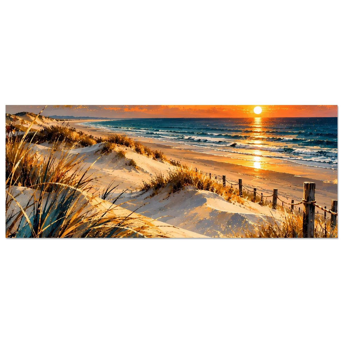 Horizontales Poster mit Stranddünen bei Sonnenuntergang: orange Sonne, Meer und Strandgras