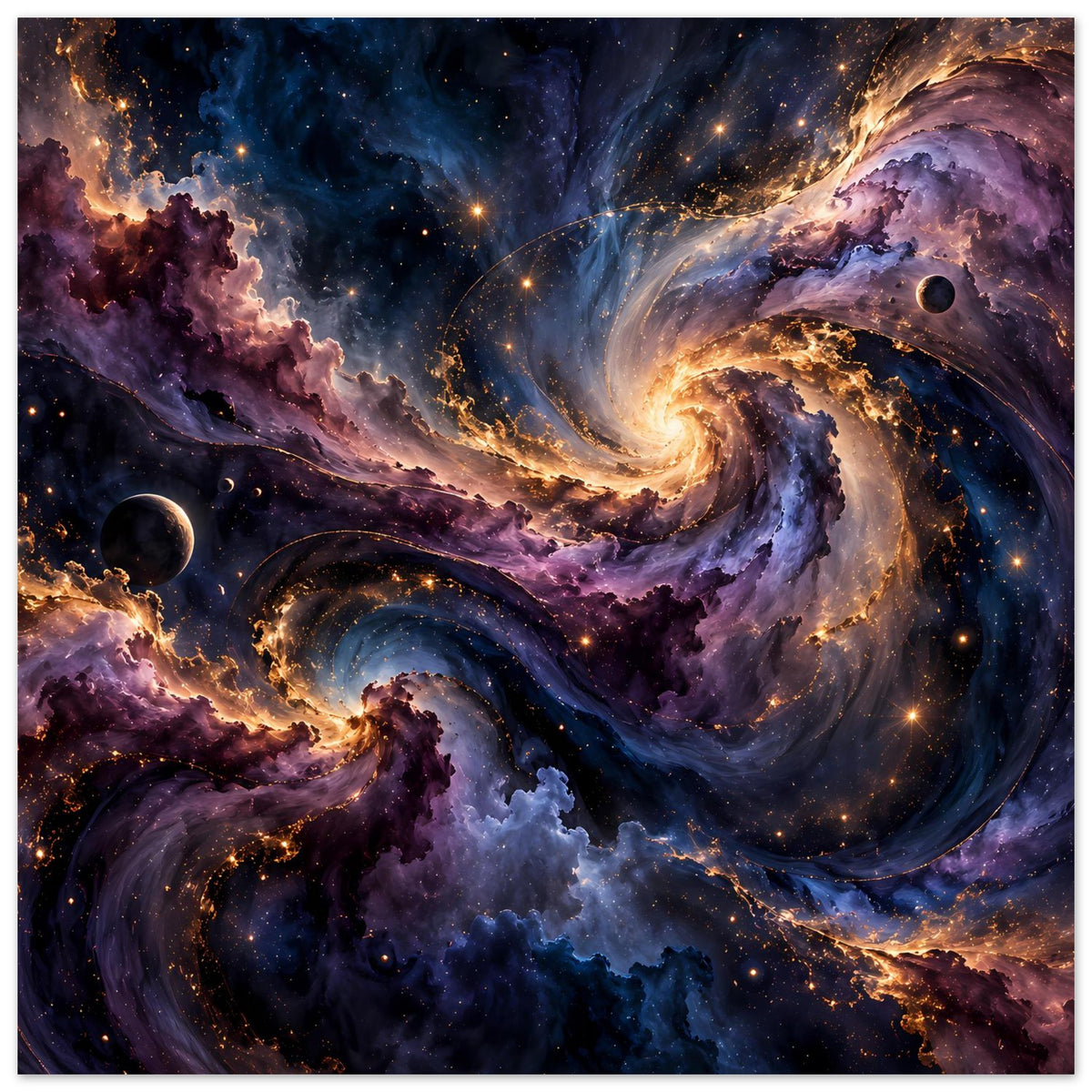 Weltraum-Poster: Spiralnebel mit bunten Gaswolken, Sternpunkten und mehreren Planeten