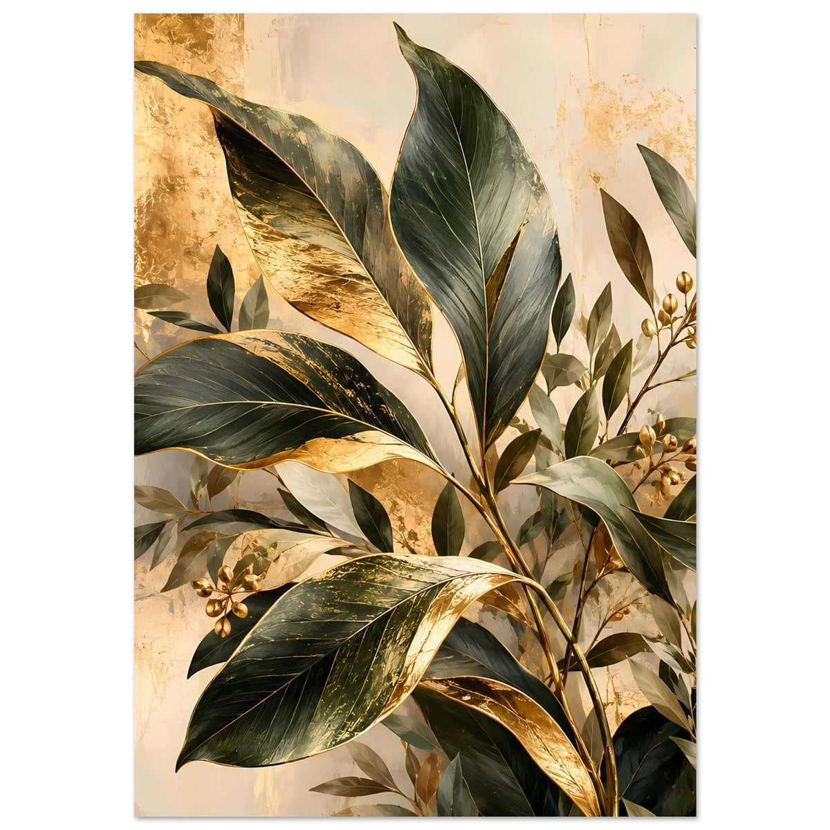 Botanisches Poster mit stilisierten Blättern und goldenen Details, in Grün und Beige