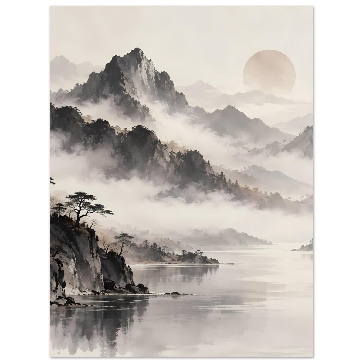 Vertikales Poster im Rahmen: Nebel über Bergketten, ruhiges Wasser, Uferfelsen und Baum-Silhouette