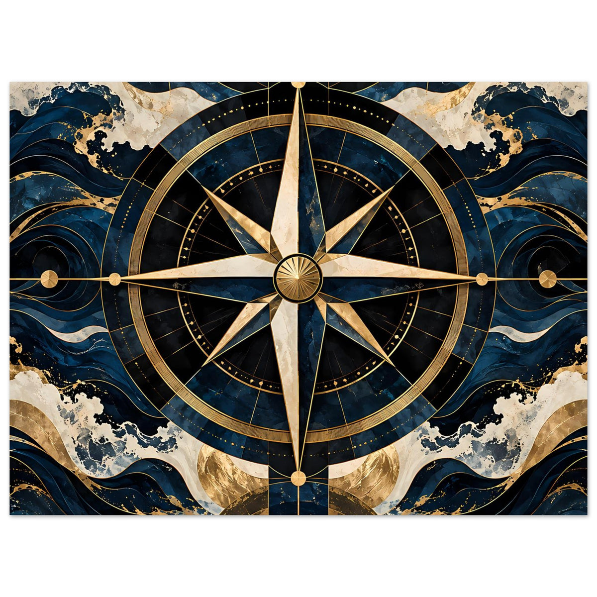 Maritimes Navigationsposter mit Kompassrose, goldene Details und Wellenmuster in Blau