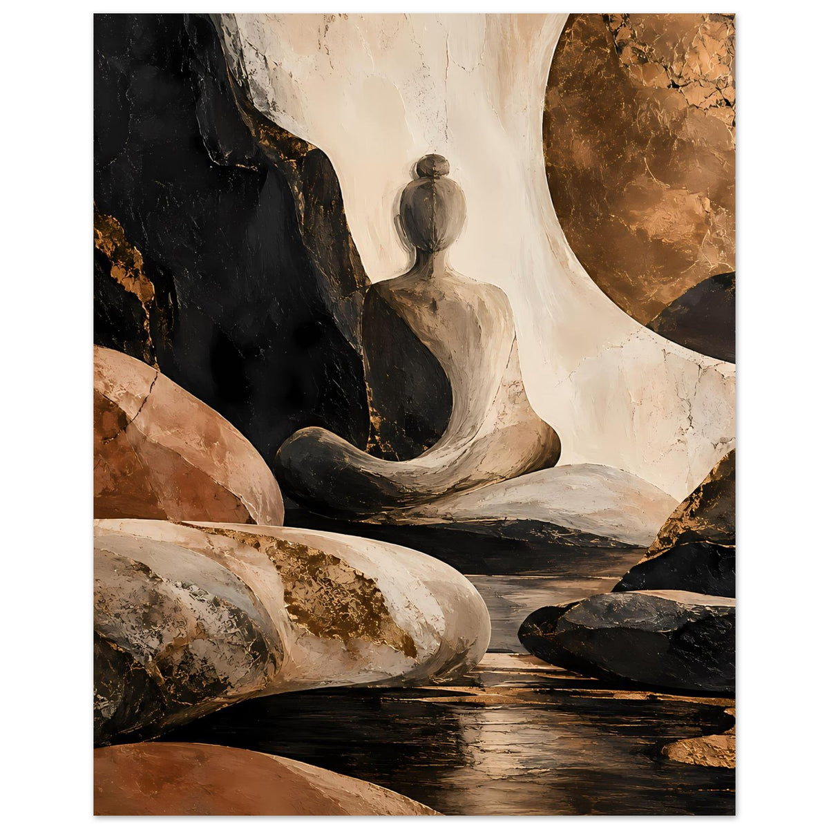 Meditatives Abstract-Poster: sitzende Figur, creme, schwarz und braune Akzente, matt
