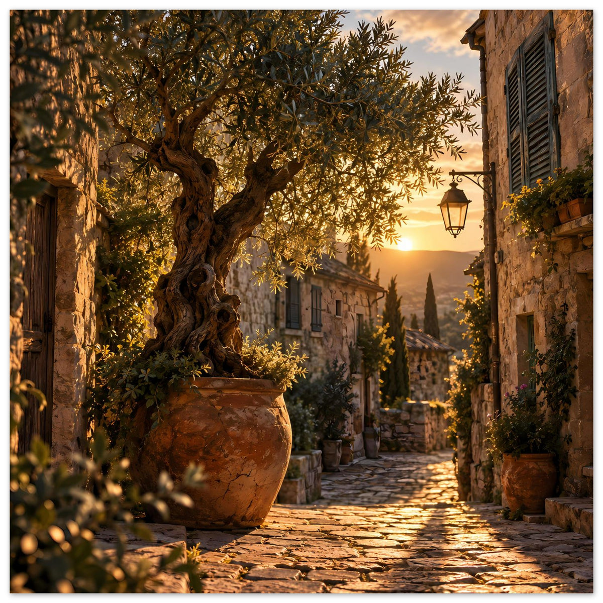 Mediterranes Sonnenuntergangs-Poster mit Olivenbaum im Topf und beleuchteter Straße