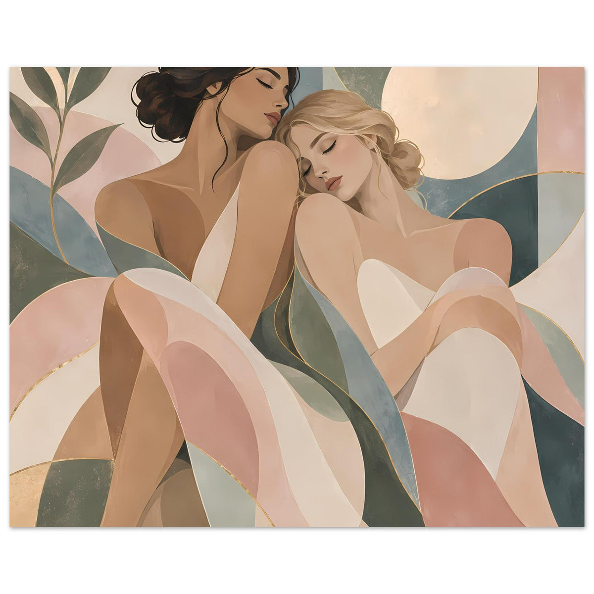 Poster mit zwei Frauen in Pastellfarben, geschwungenen Linien und abstrakten Formen