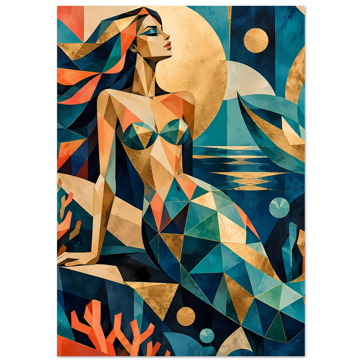 Kunstposter: geometrische Meerjungfrau mit Goldmonden, Türkis und Koralle, vertikal