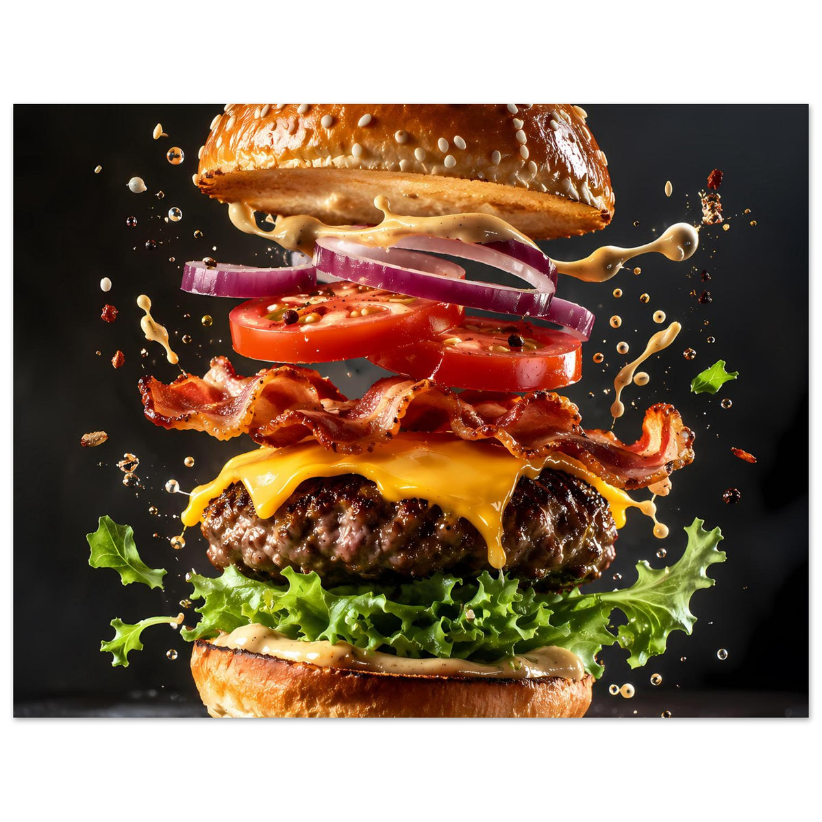 Vertikales Poster mit Burger-Explosionsmotiv: Käse, Bacon, Tomatenscheiben, Zwiebelringe, Salat