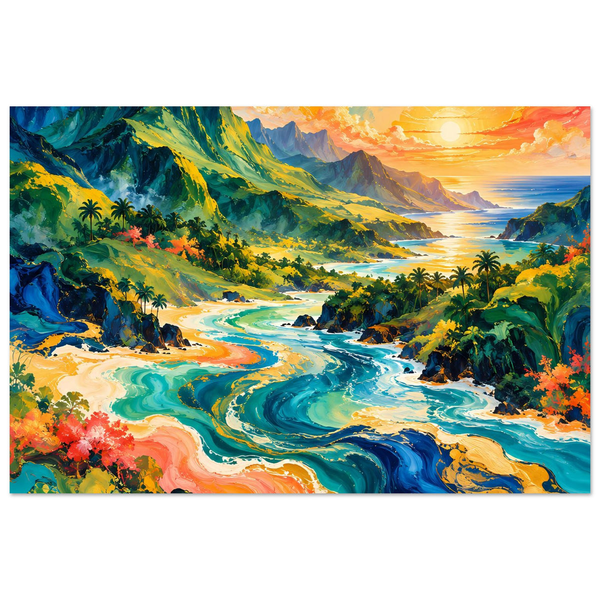 Tropen-Landschaftsposter mit Küstenbucht, blau-grünem Wasser, Palmen und Sonnenuntergang
