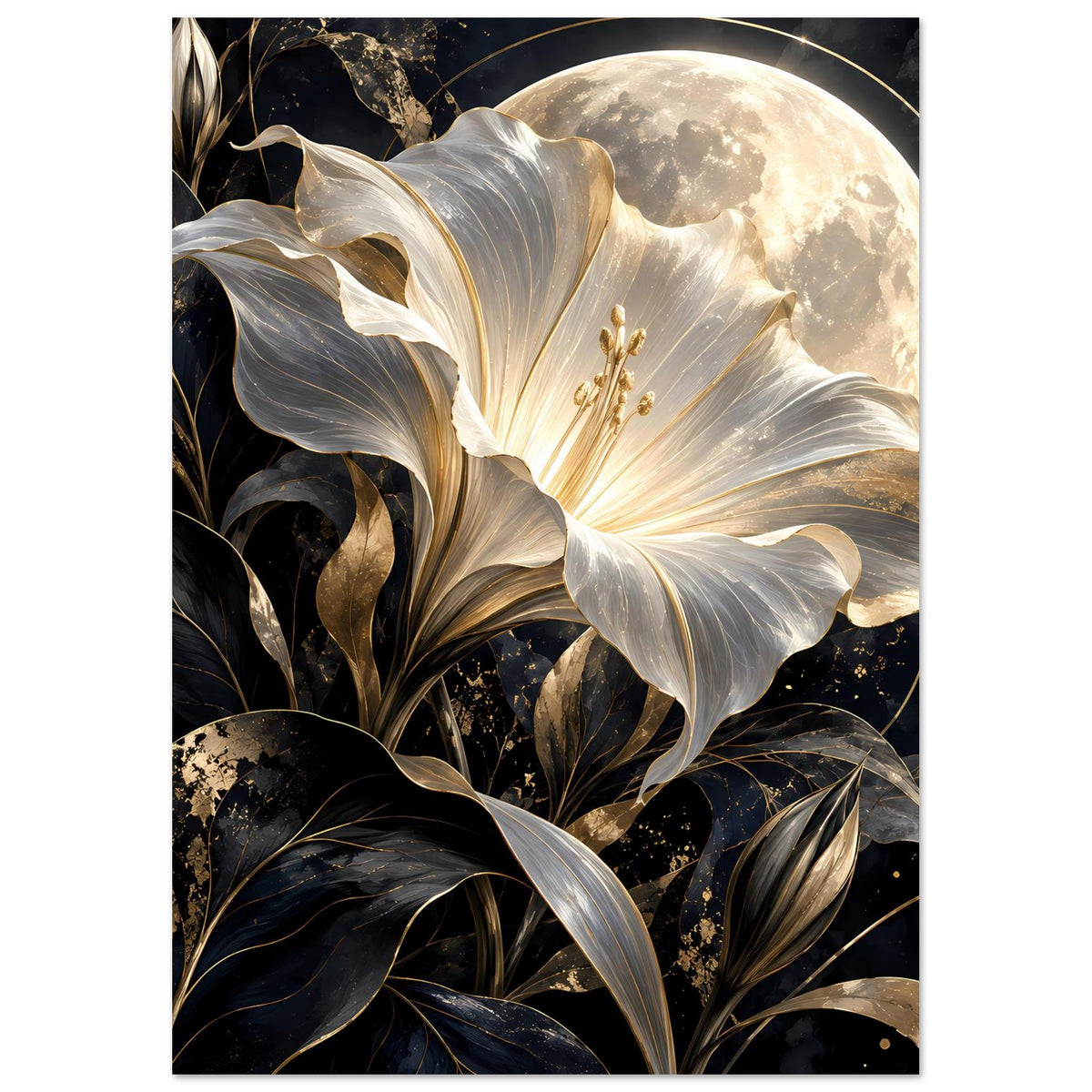 Poster im Hochformat mit weißer Blume, goldenem Staubfaden und leuchtendem Mond