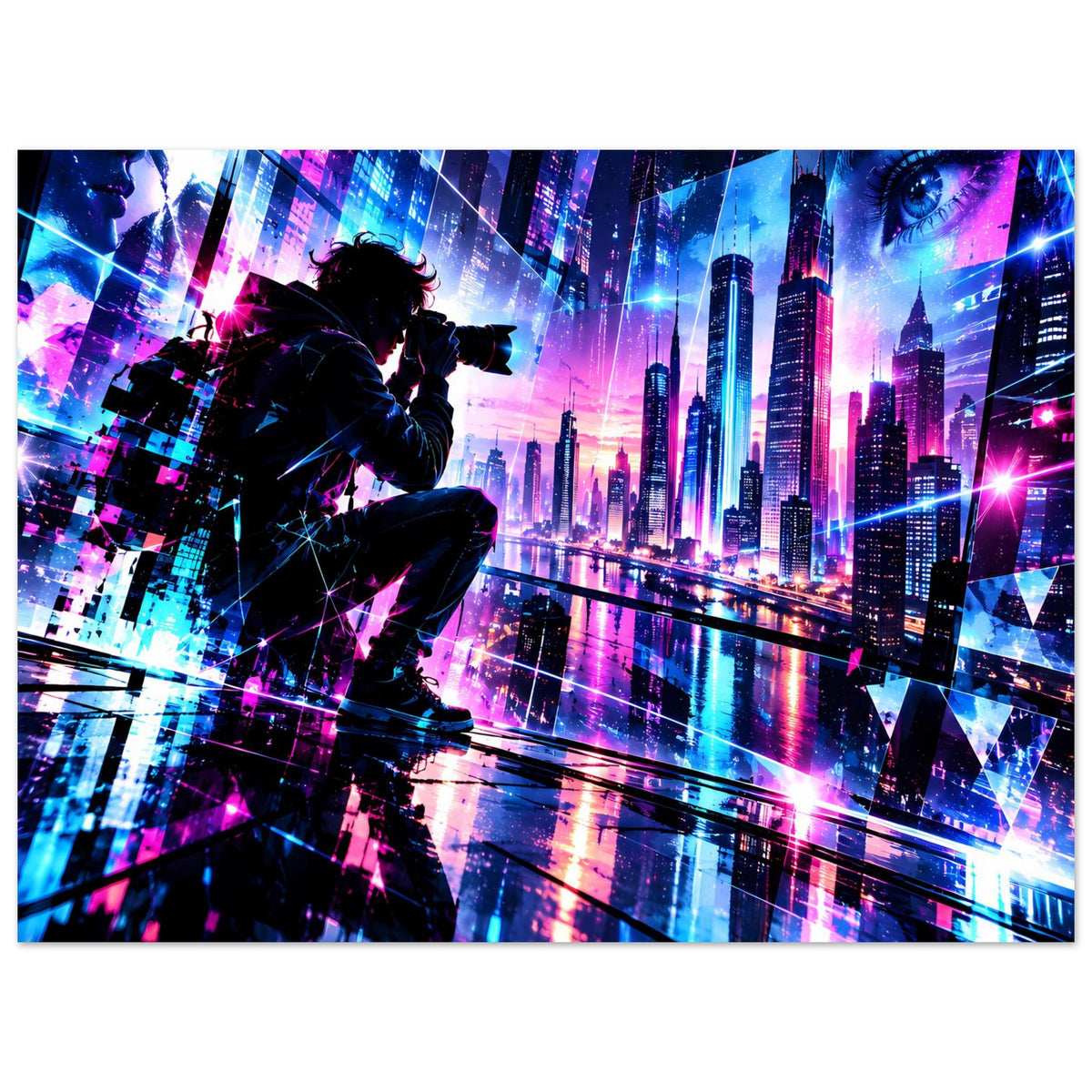 Cyberpunk-Stadtposter mit Schützen-Silhouette, Neon-Skyline und reflektierendem Fluss