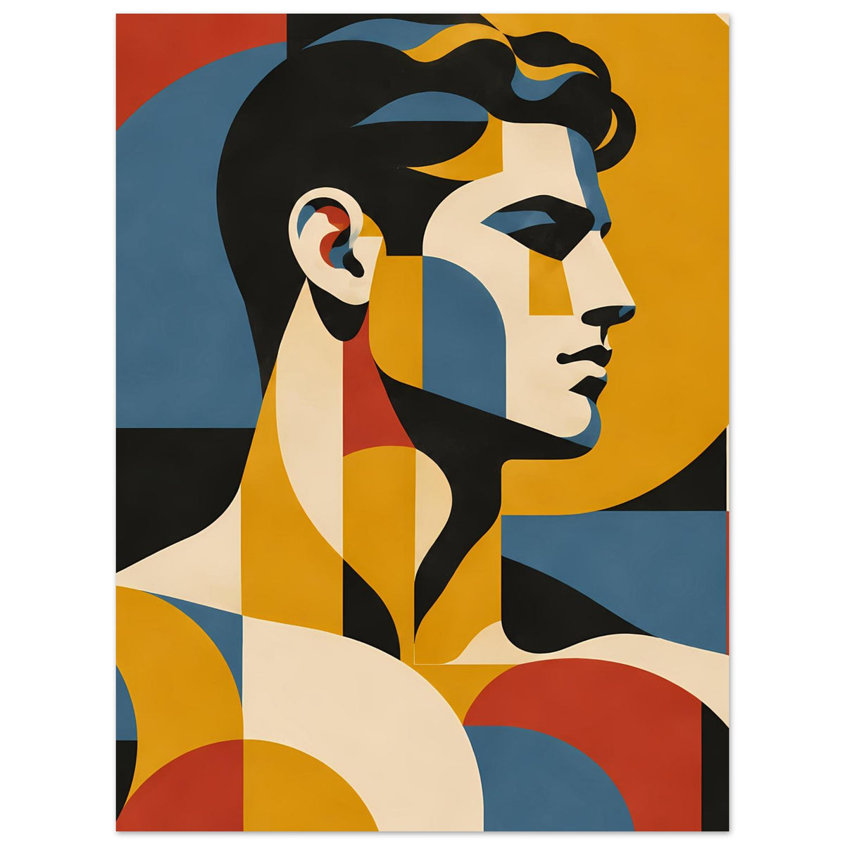 Bauhaus-inspiriertes Portraitposter im Hochformat mit stilisiertem Frauenprofil in leuchtenden Farben