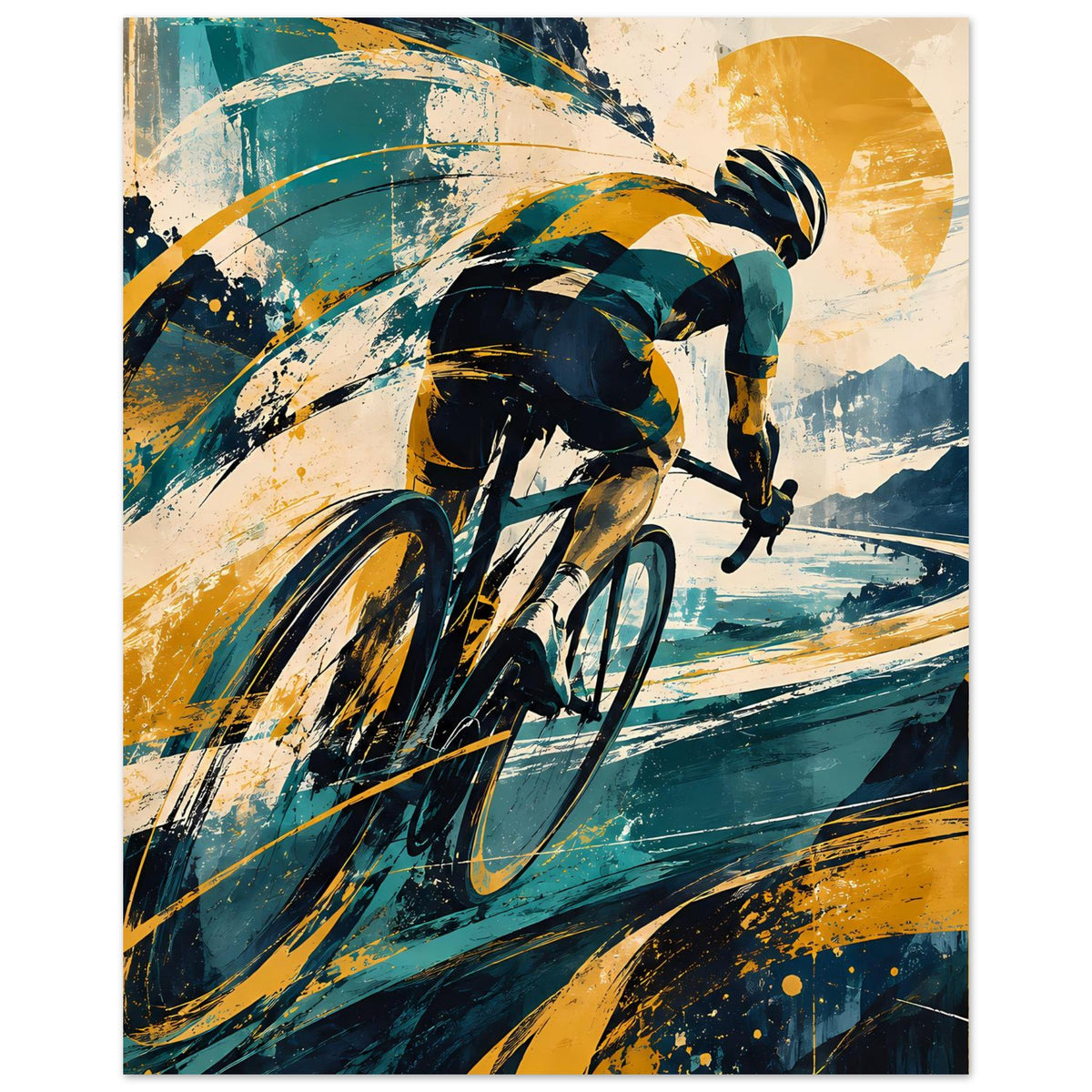 Vertikales Sportposter: Radfahrer im Vordergrund, abstrakte Formen in Blau und Gelb