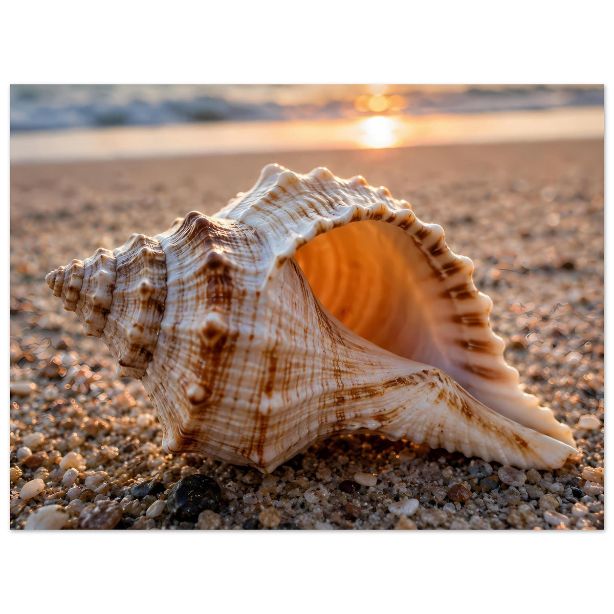 Strandposter mit Nahaufnahme einer Muschel auf Kies, detaillierte Schalenstruktur