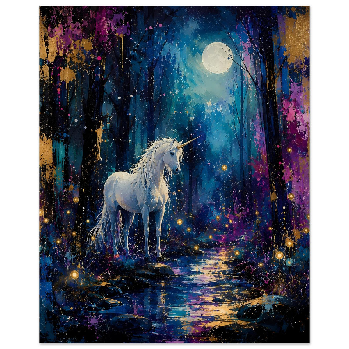 Poster mit weißem Einhorn, Vollmond über nächtlichem Wald und leuchtenden Funken
