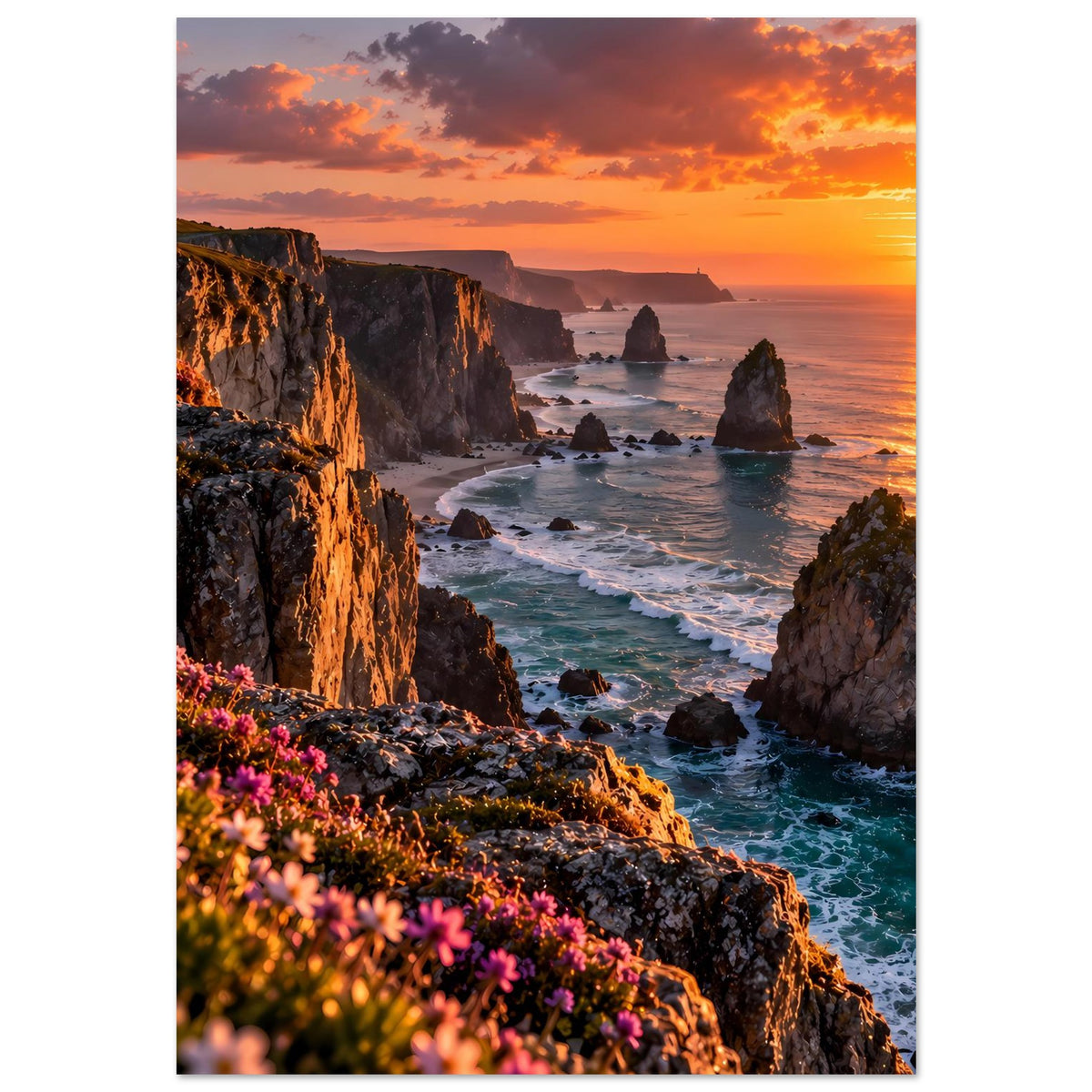 Hochformat-Poster: Sonnenuntergang über der Küste, Klippen, Meeresfelsen und Wellen