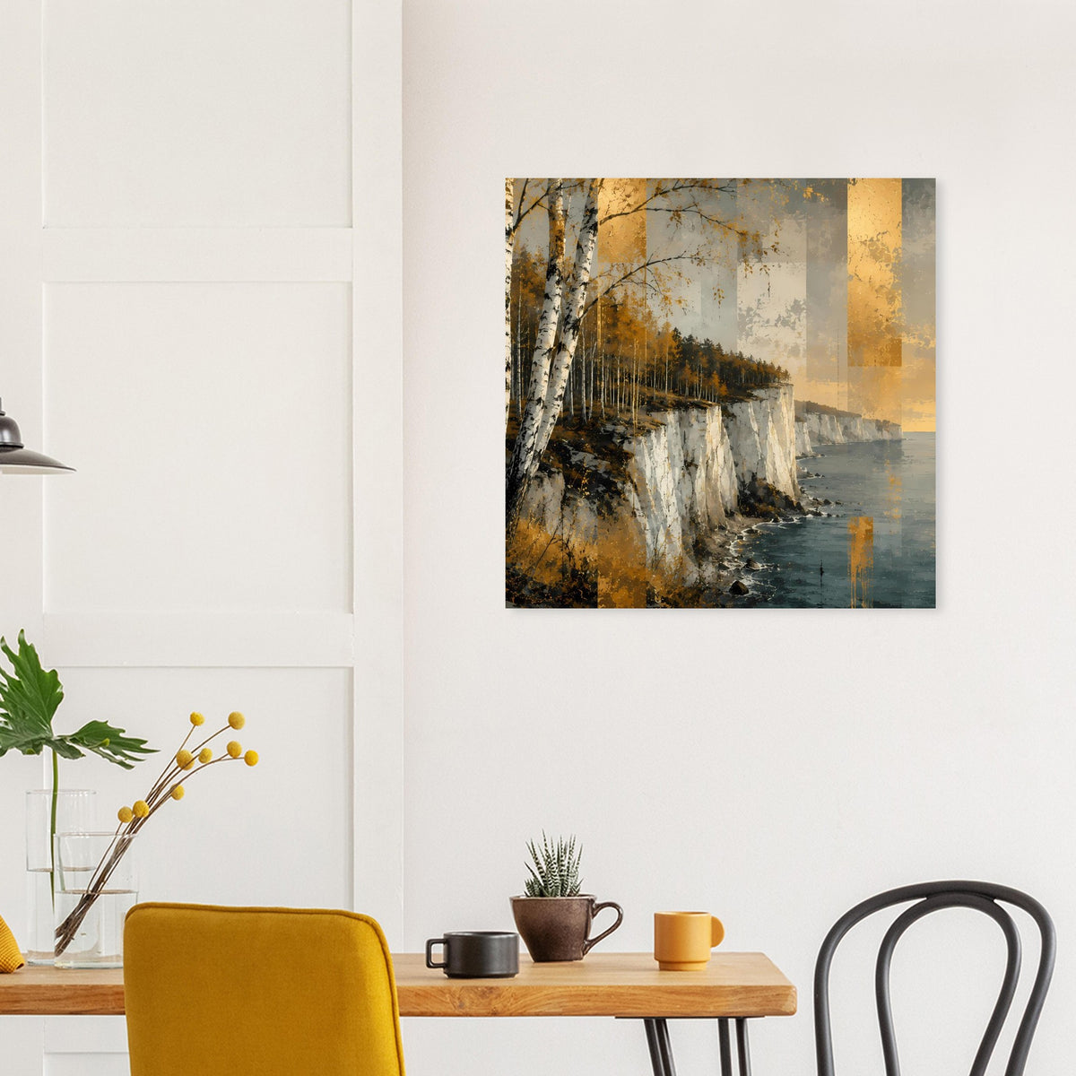 Poster mit Küstenhügeln und Birken, Herbstwald, Wasser mit goldfarbenem Schimmer