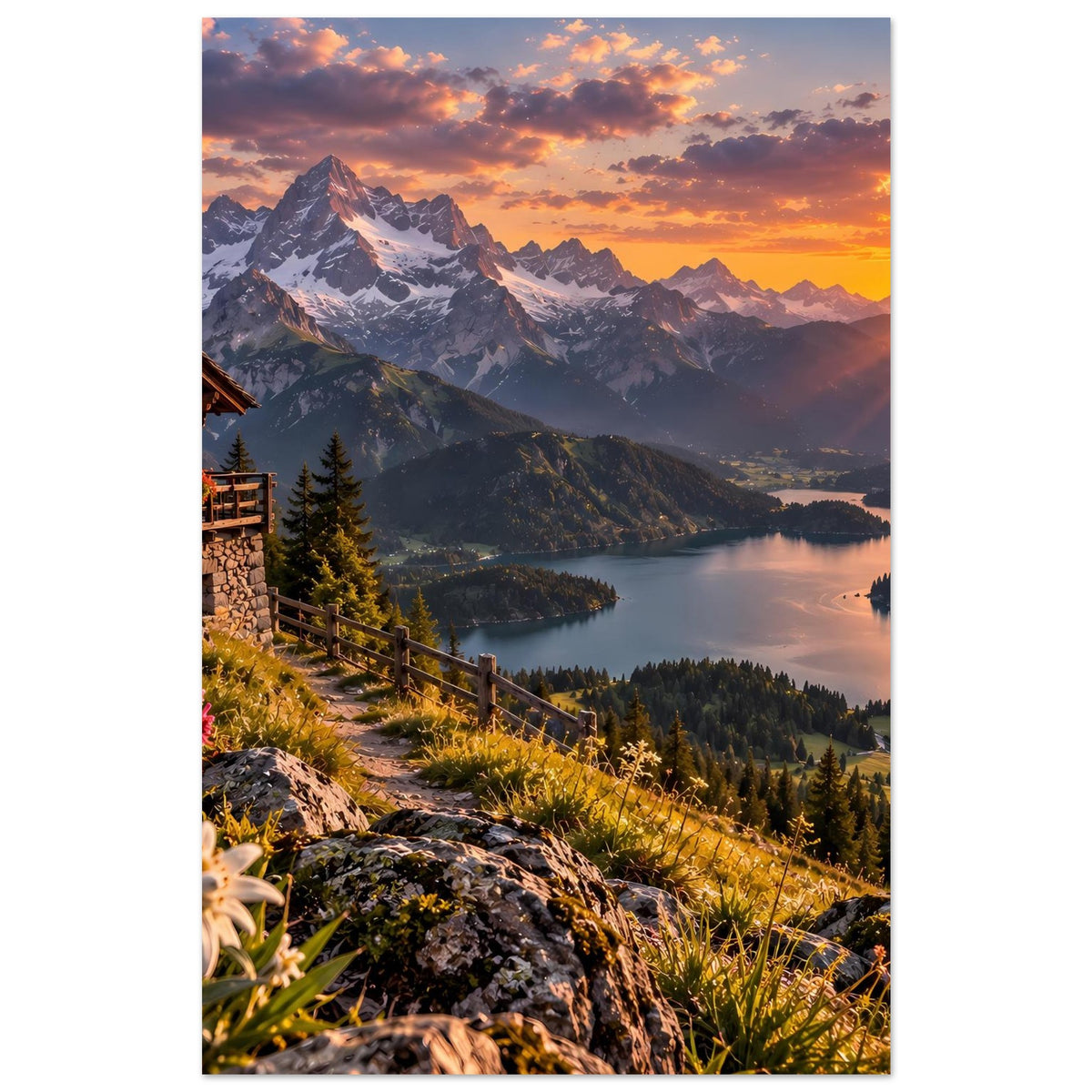 Vertikales Landschaftsposter mit Alpenblick: Sonnenuntergang, Berge, Seeufer und Wiesen am Hang.