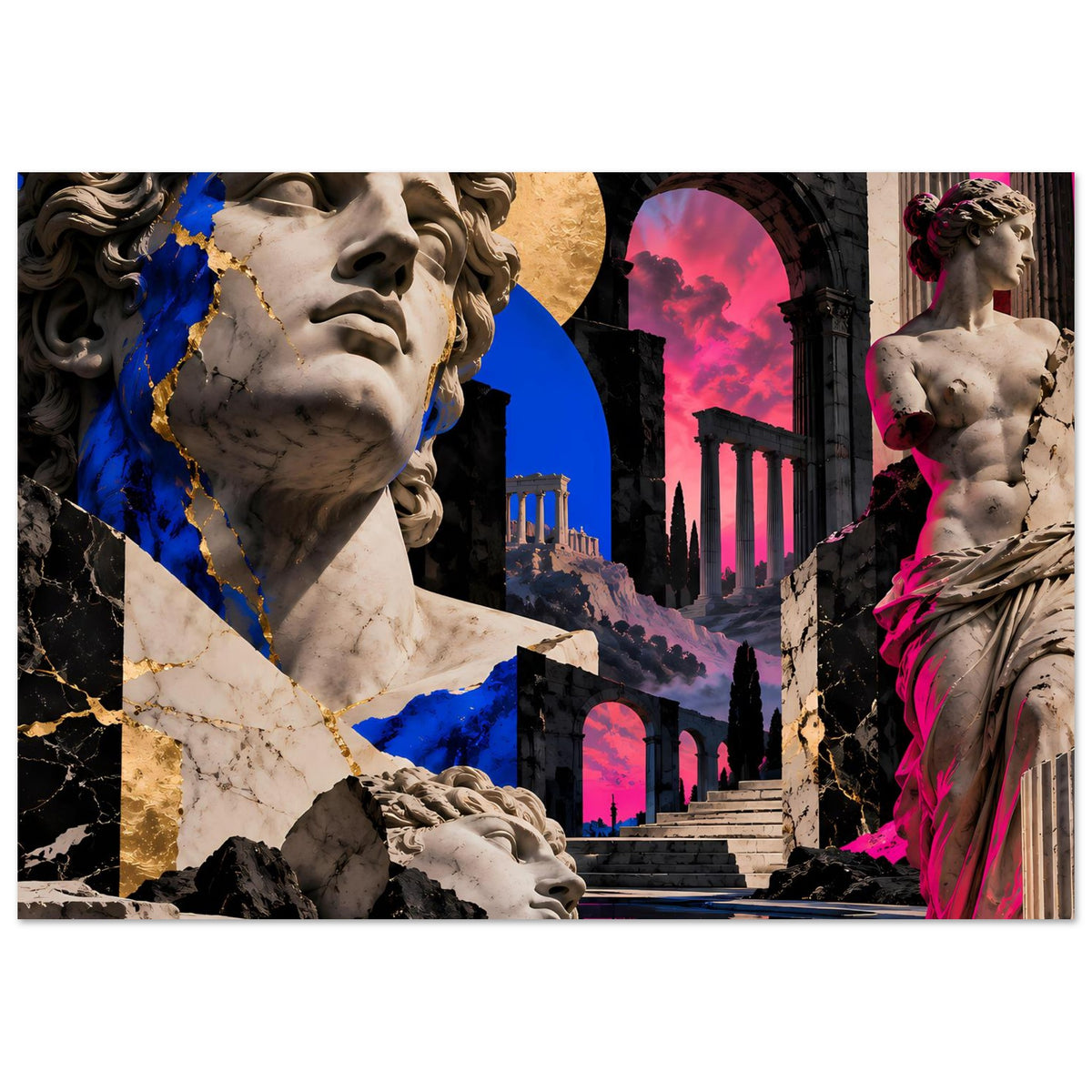 Kunstposter mit antiker Statue links und stehender Figur rechts, große pinke Neonfarbe