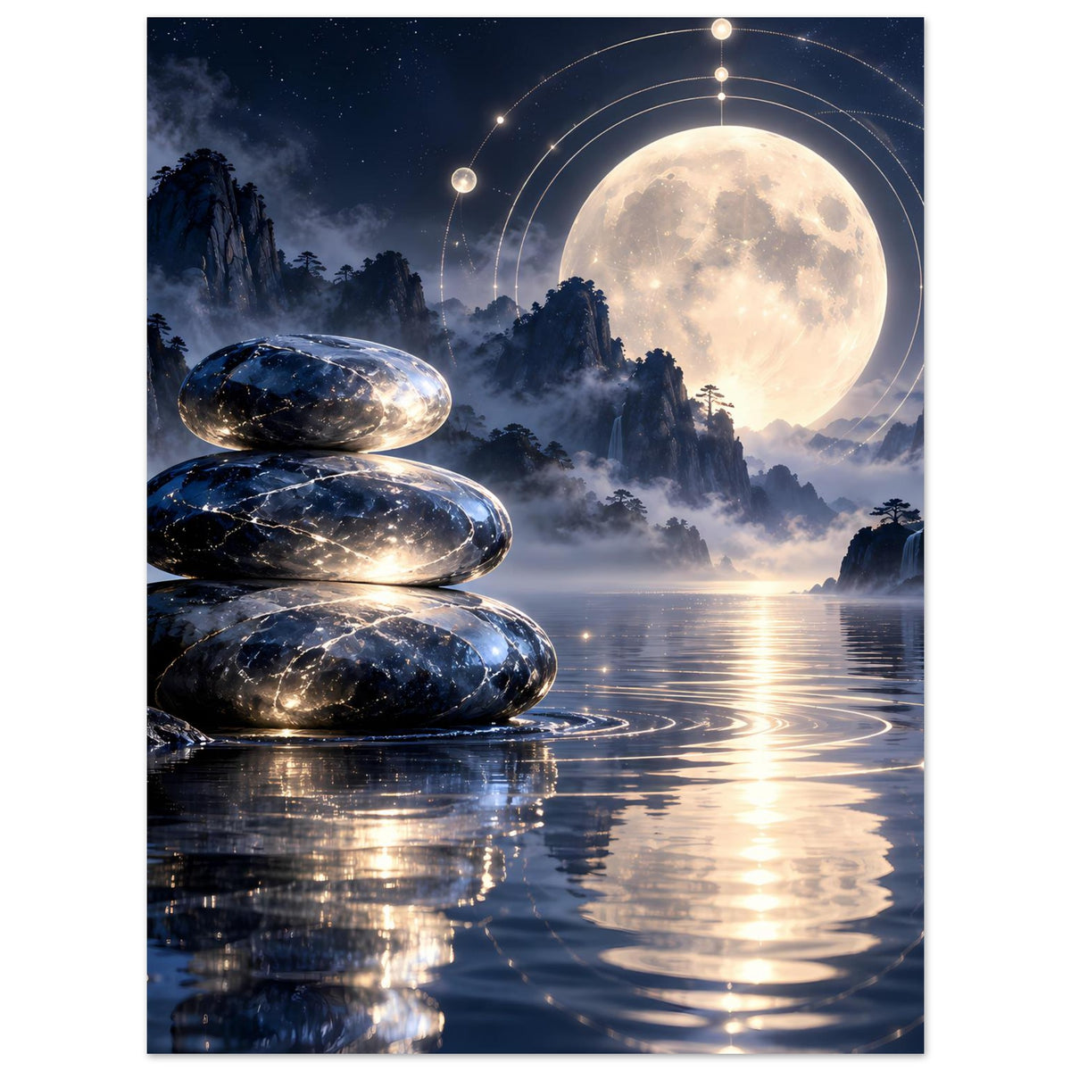 Vertikales Poster: Zen-Steine, Vollmond über dem See, leuchtende Kreislinien