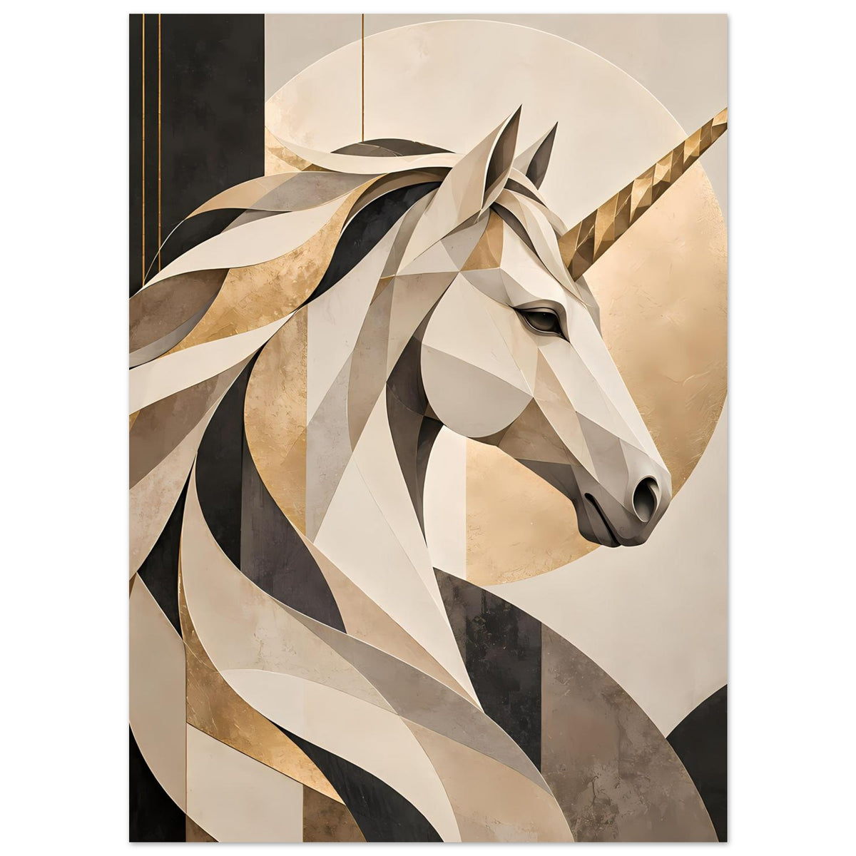 Einhornporträt-Poster, Einhornkopf mittig mit geometrischen Streifen und goldfarbenem Horn