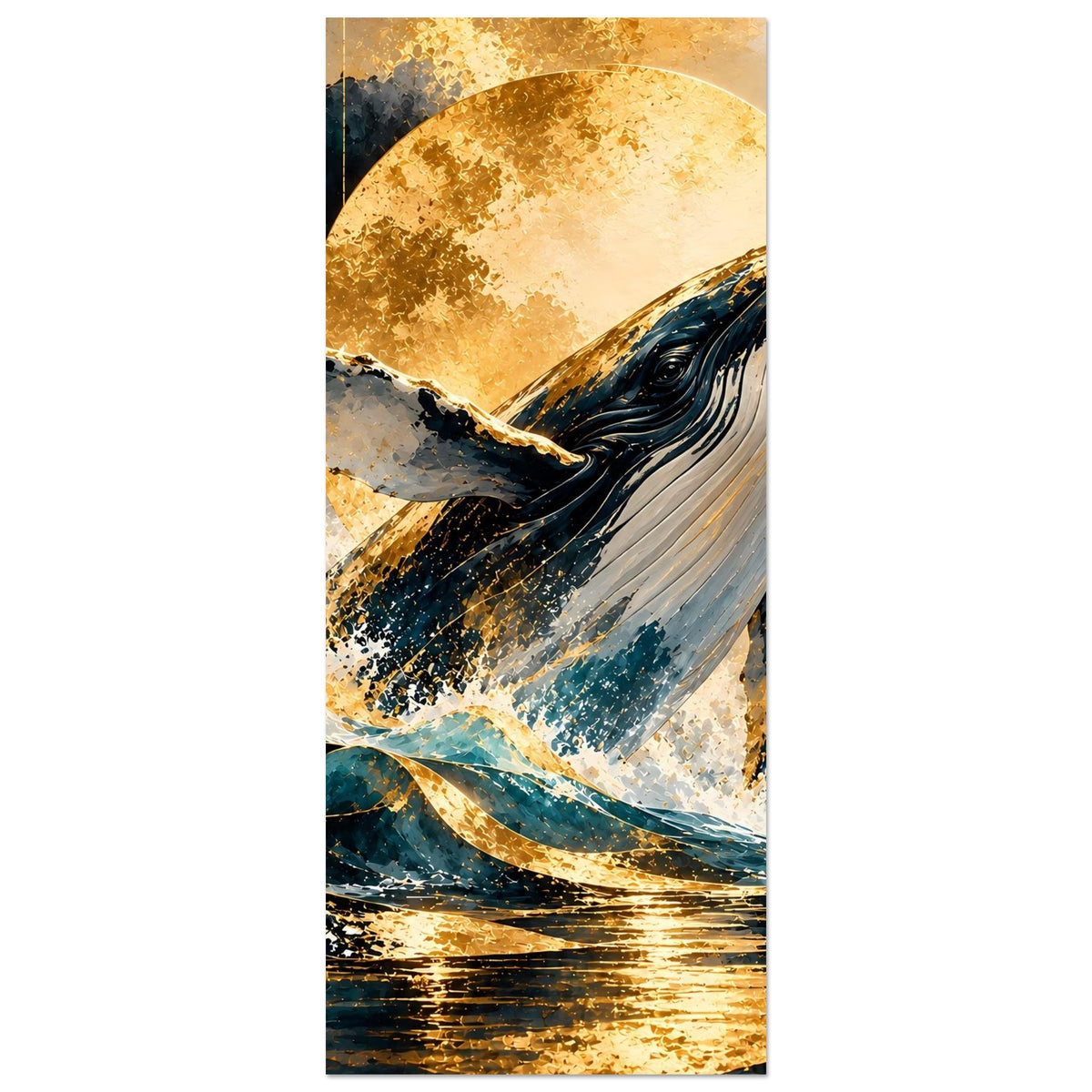 Schmales Poster mit Buckelwal, goldener Mondscheibe und Wasserlinie im unteren Bereich