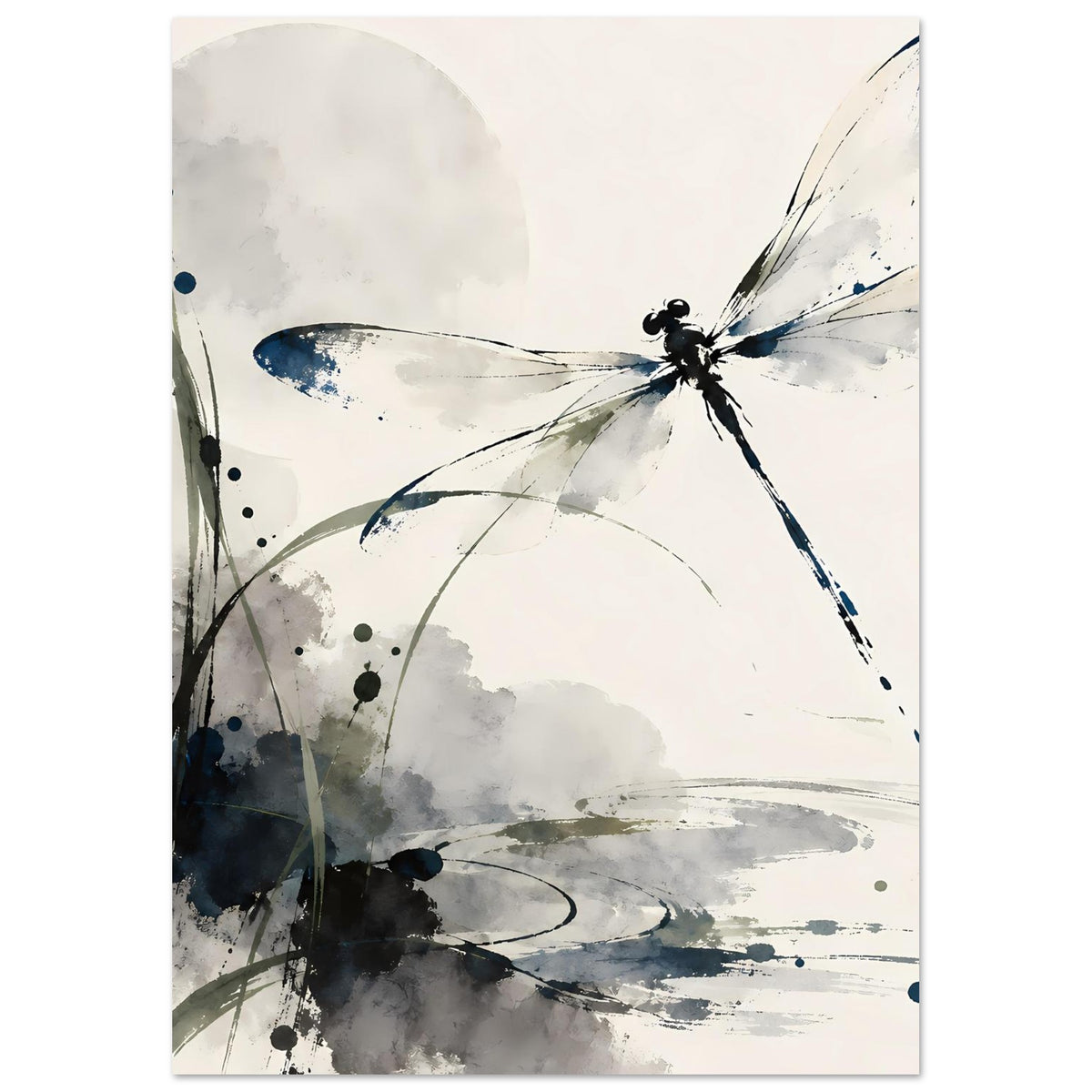 Hochformat-Aquarell-Poster mit Libelle in Blau und Grau, abstrakte Wolken- und Pinselflächen.