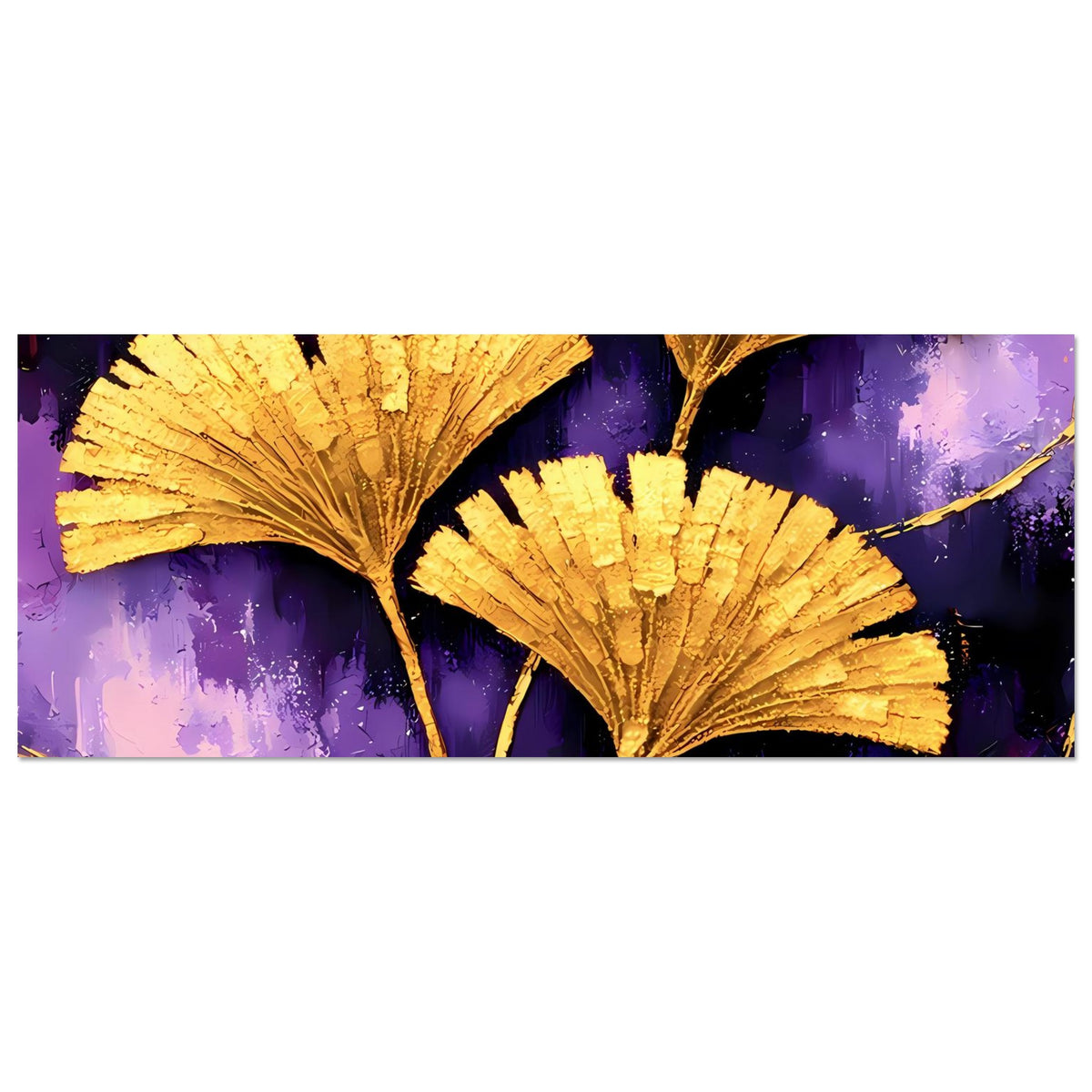 Horizontales Ginkgo-Poster: goldene Blätter und Zweige auf violettem Farbfeld