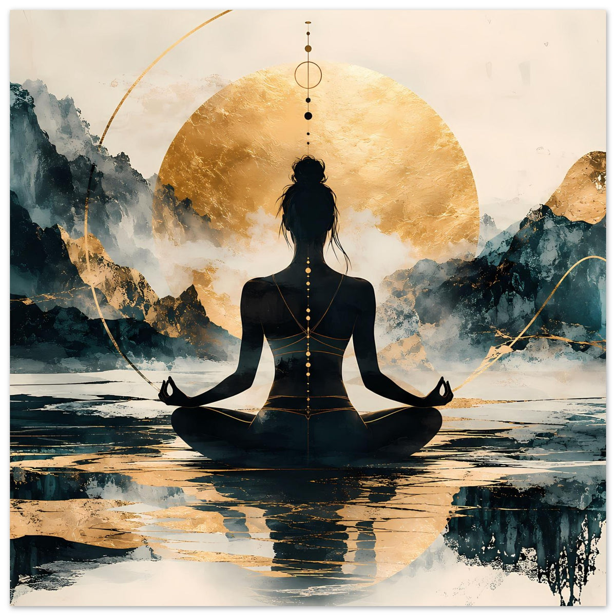 Querformat Poster: Silhouette im Lotussitz vor goldener Scheibe, Berge und Wasser im Hintergrund