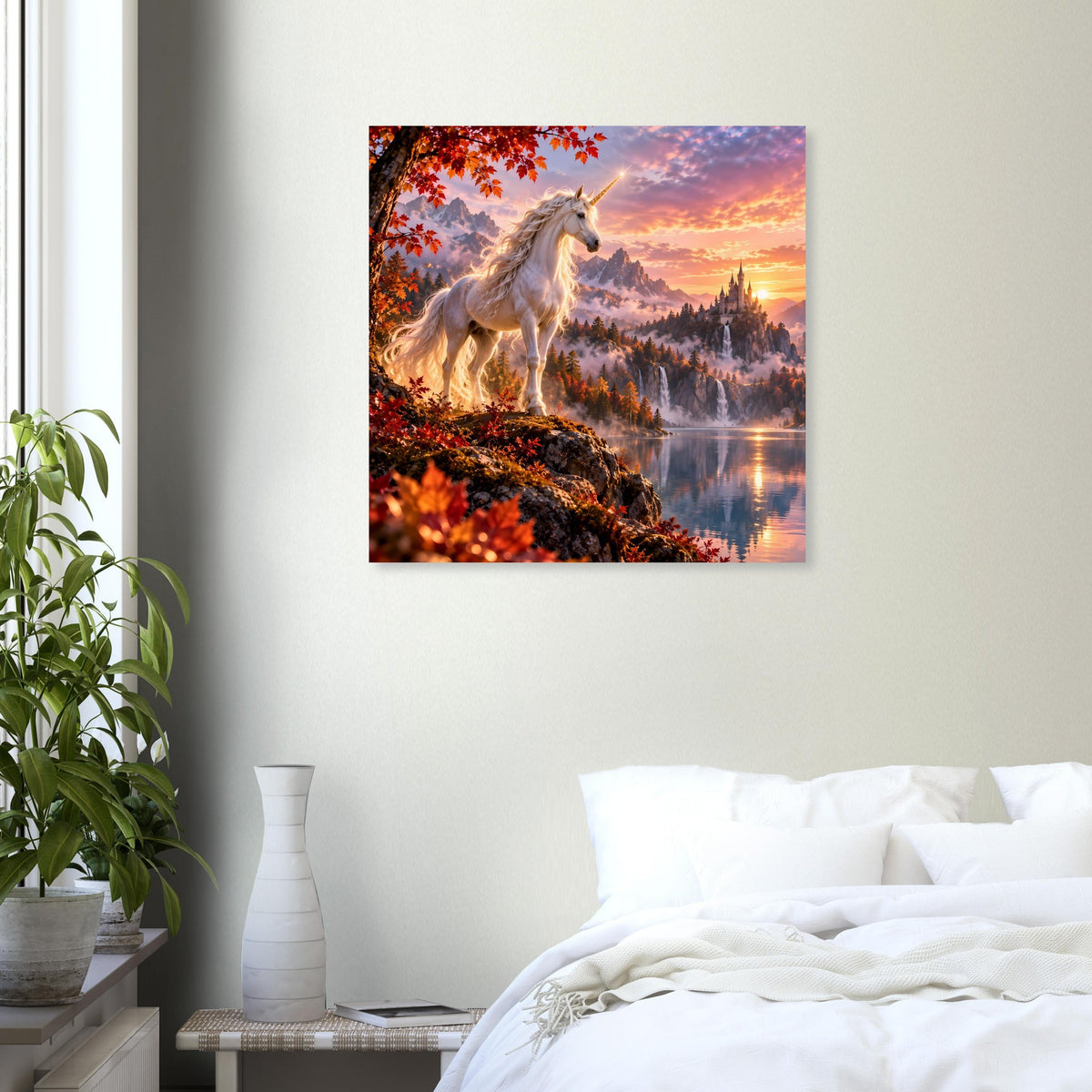 Quadratisches Einhorn-Fantasyposter mit goldenem Einhorn zwischen Bäumen und See im Sonnenlicht