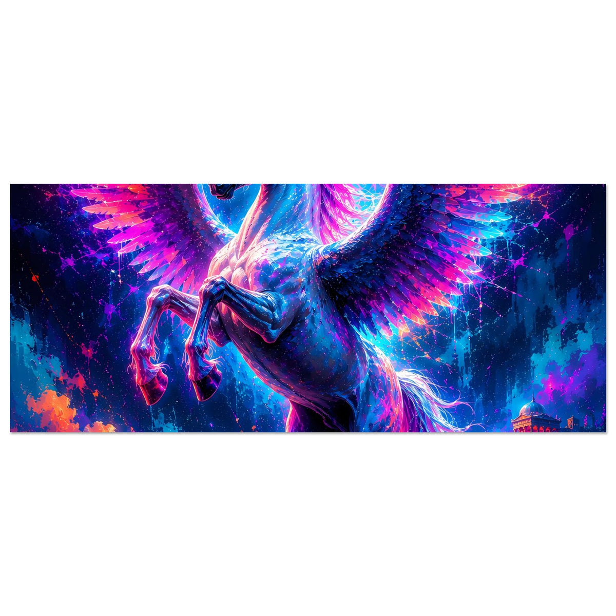 Leuchtendes Pegasus-Poster, horizontaler Ausschnitt mit Flügeln und farbigem Neon-Licht