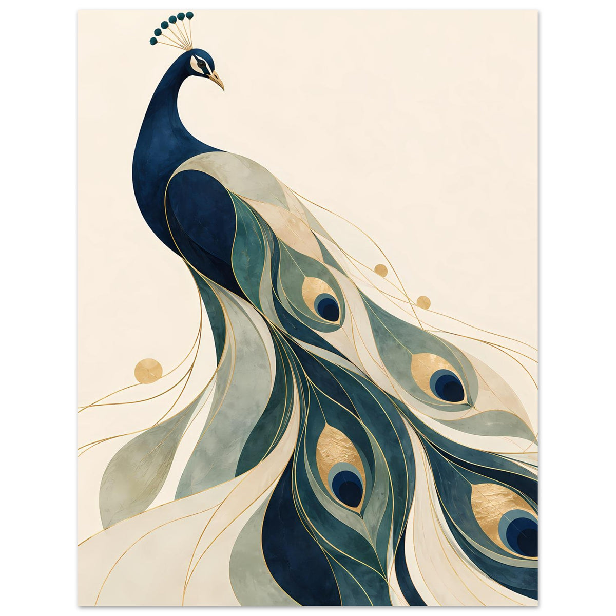 Quadratisches Poster mit stilisiertem Pfauenmotiv in Blau, Grün und Gold