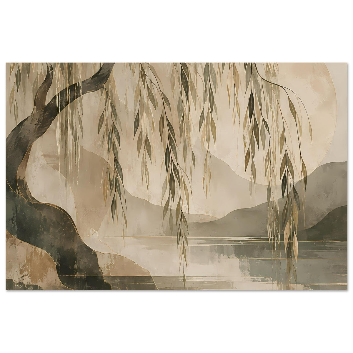 Wandposter mit Weidenzweigen, See und Hügeln, sanfte Erdfarben, horizontal