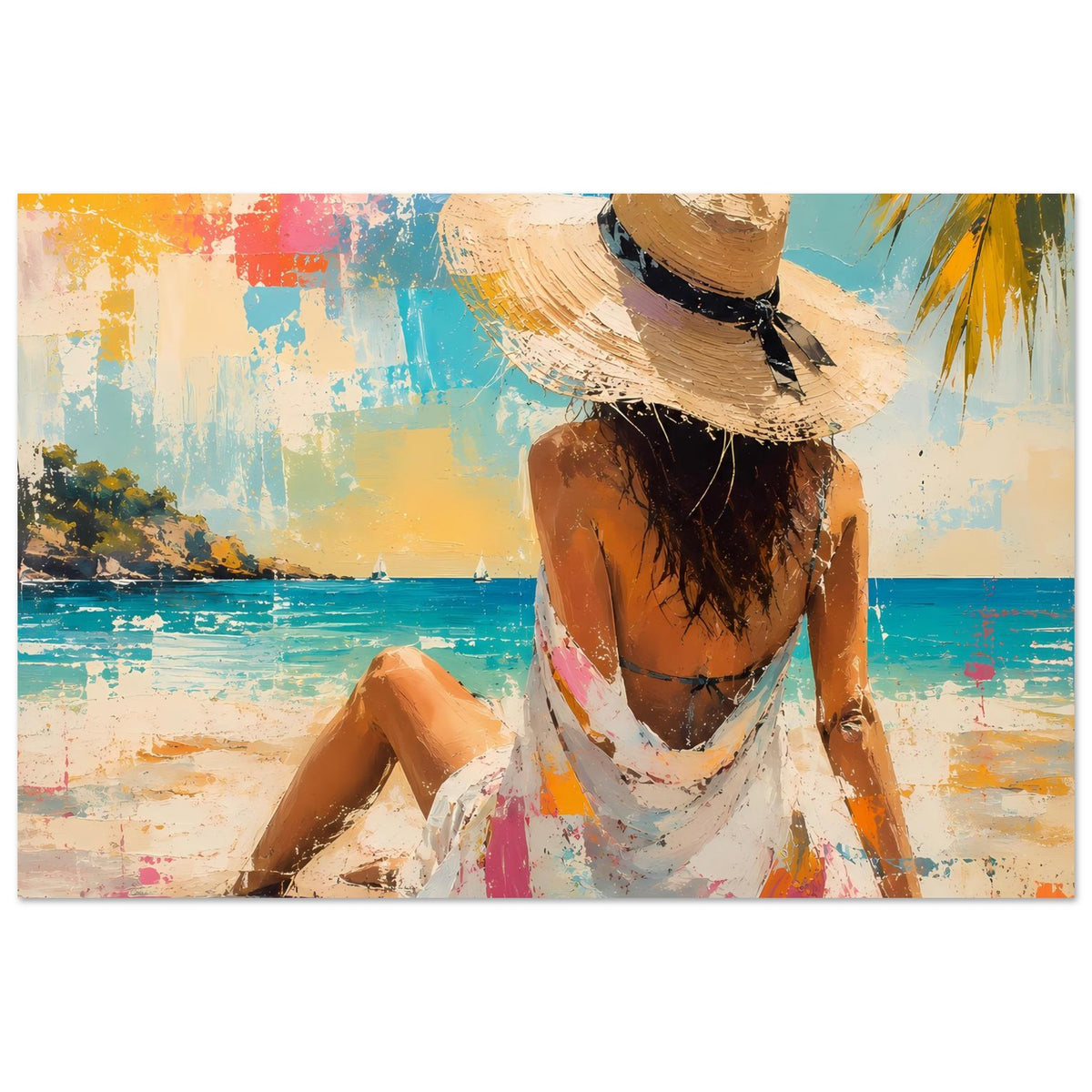 Sommerposter mit Rückenansicht: Frau im Strohhut, weißes Kleid, abstrakte Strandfarben.