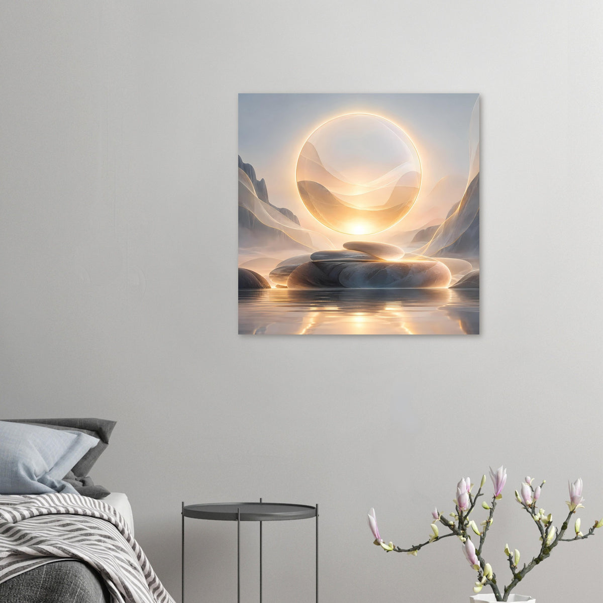 Kunstposter mit goldener Ringform und ruhiger Landschaftsszene mit Lichtschein