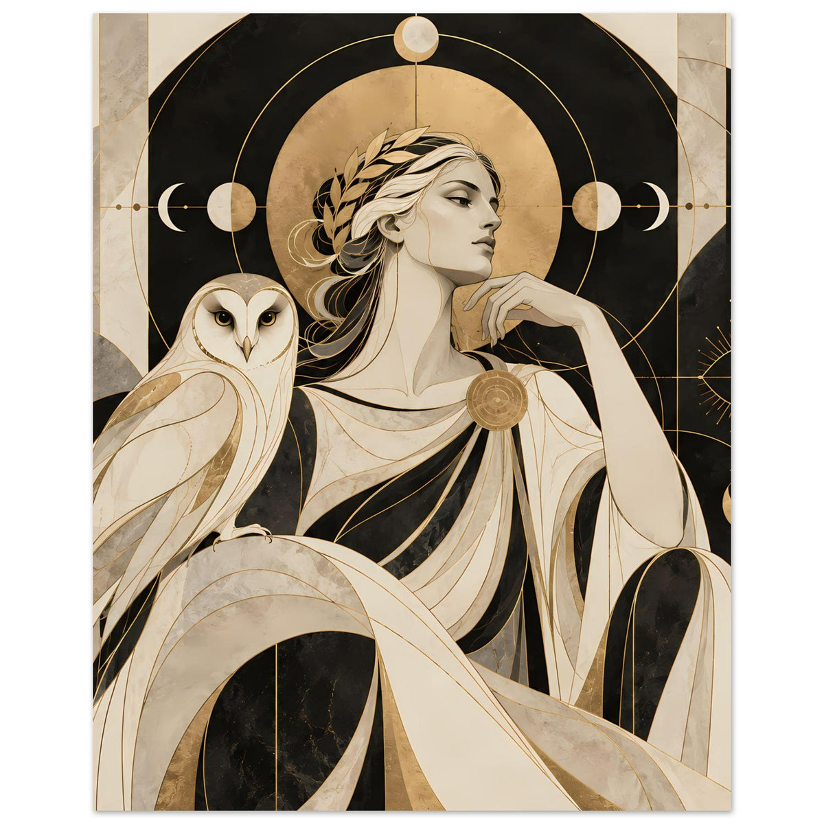 Kunstposter im Hochformat: Frau mit Eule, goldener Kranz, mondähnliche Symbole
