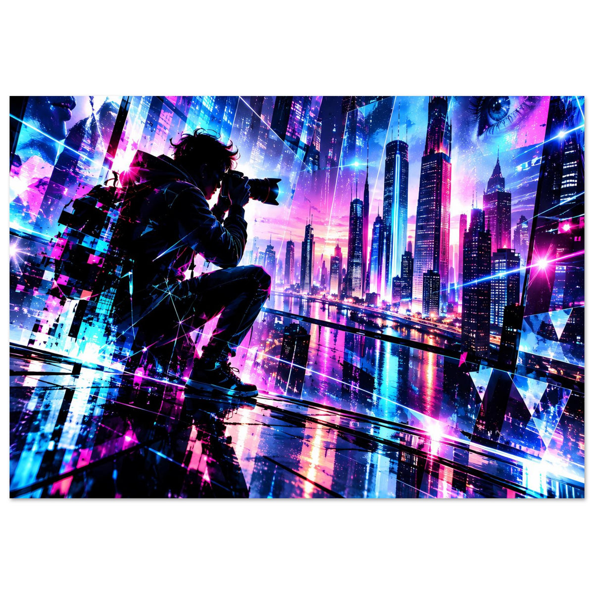 Neon-Cyberpunk-Stadtposter mit Schützen-Silhouette, leuchtenden Türmen und Hologrammen