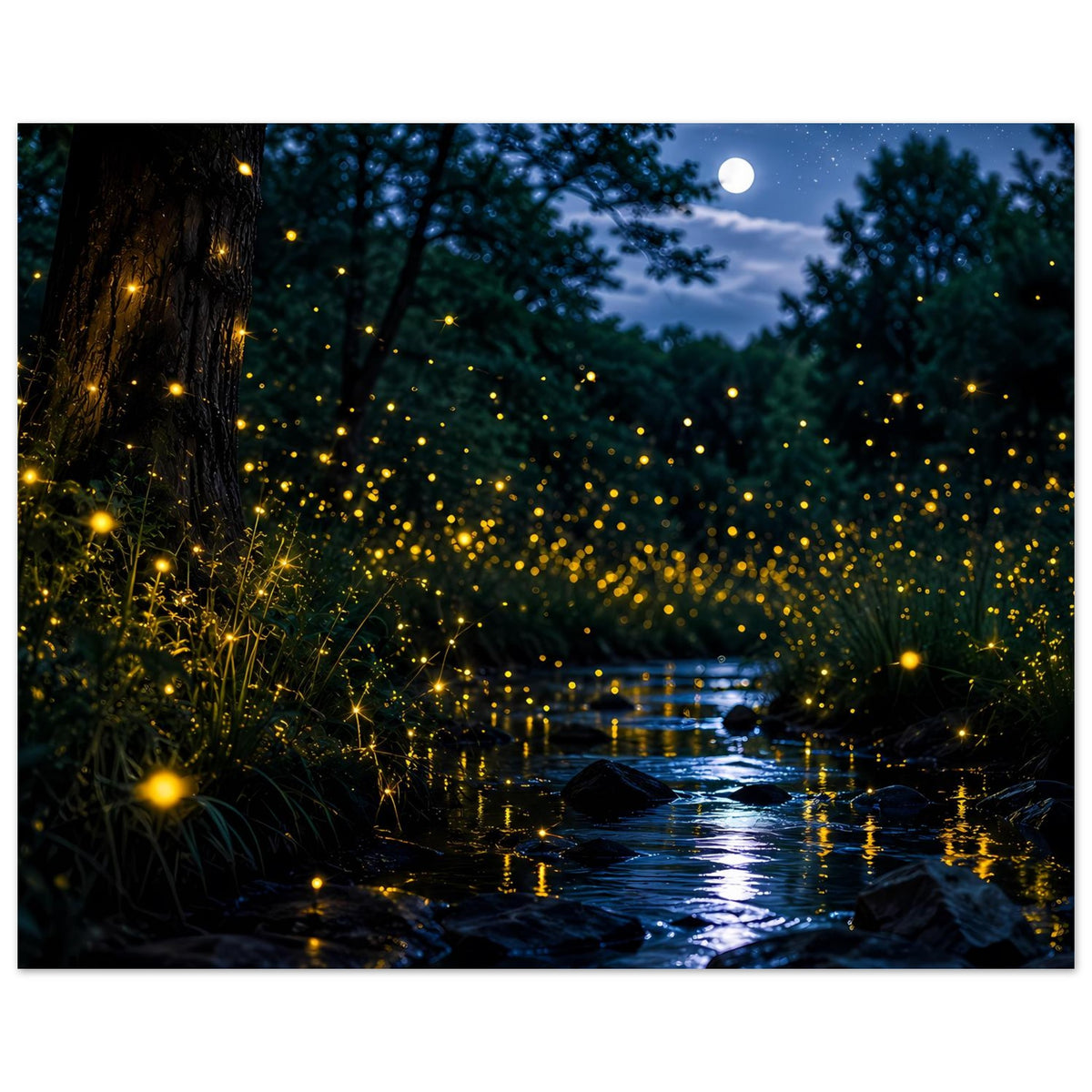 Leuchtposter im Hochformat mit Glühwürmchen in dichter Reihe am Fluss und Sternenhimmel