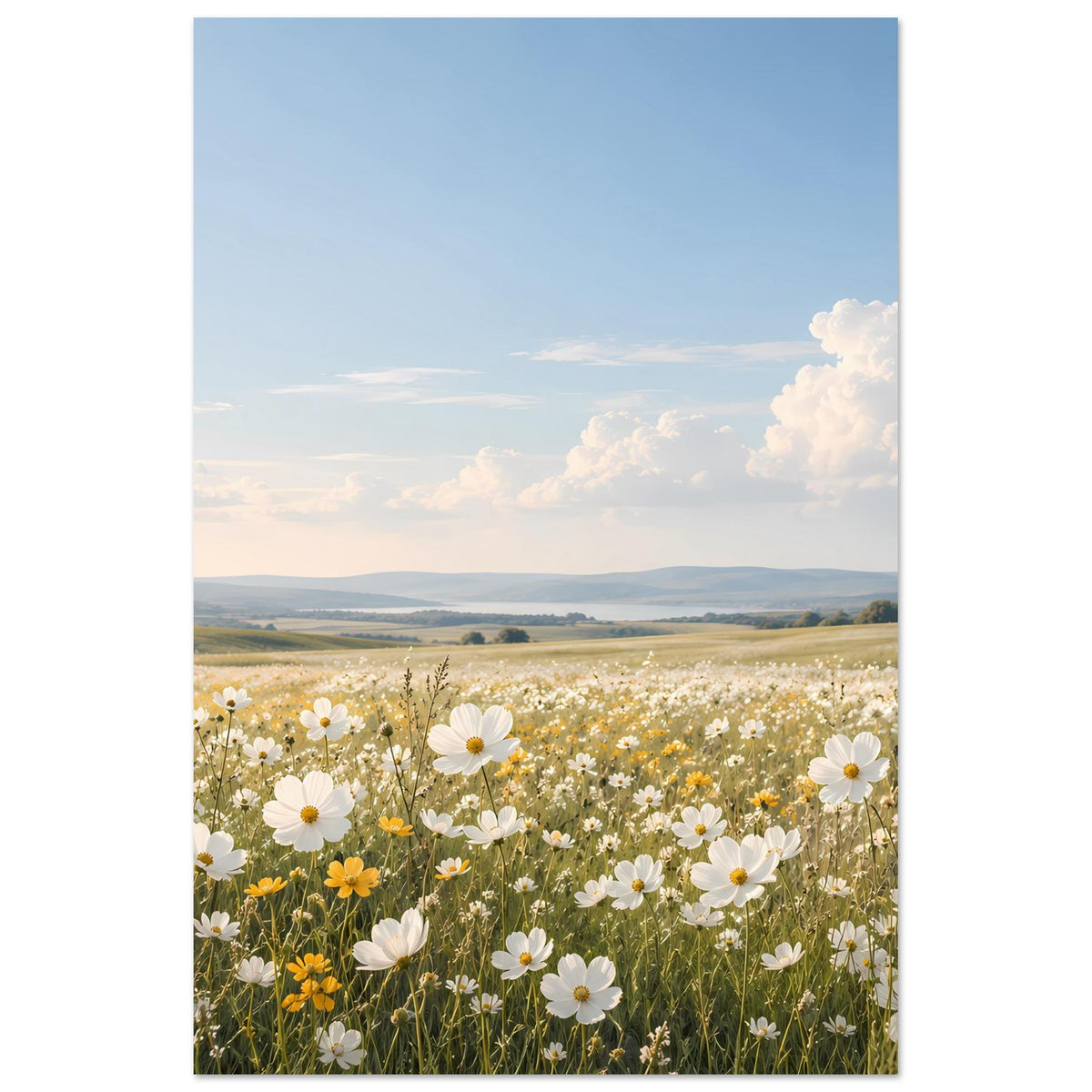 Blumenwiesen-Poster im Hochformat mit weiß-gelben Blüten und weiten Feldern