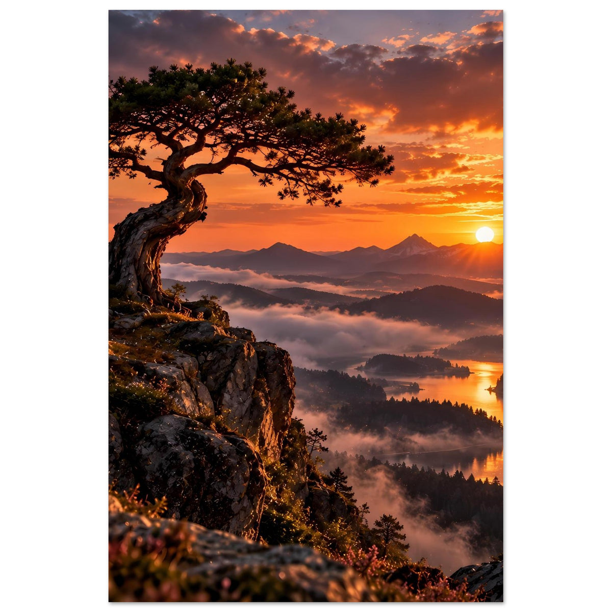 Landschaftsposter im Hochformat mit großem Baum auf Felsen und orangefarbenem Sonnenuntergang