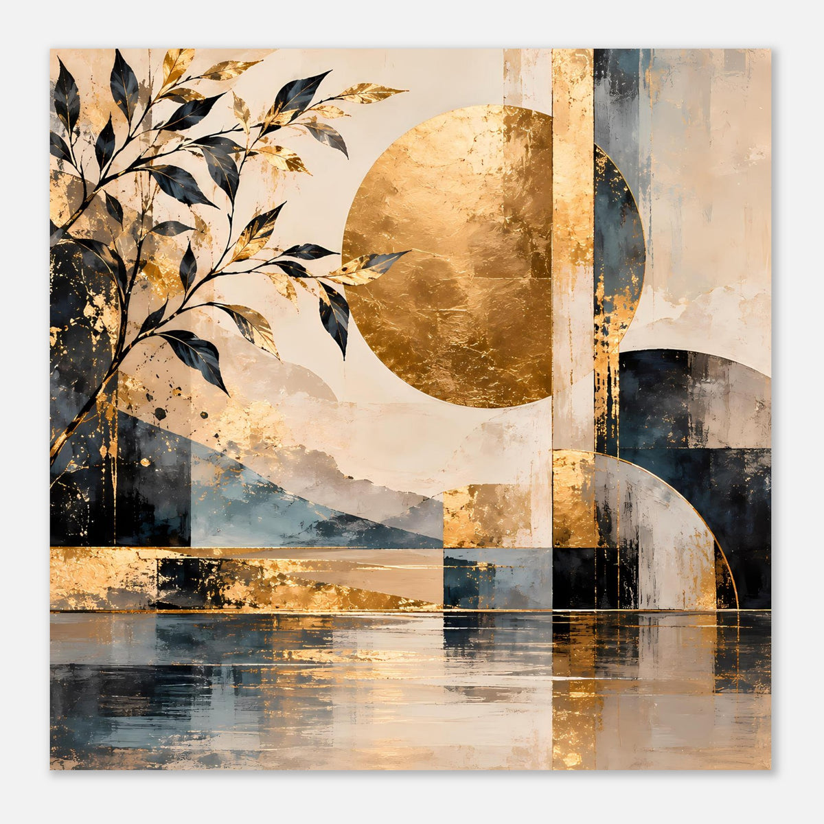 Kunstposter, zentrales Motiv mit goldenem Kreis, dunklen Rahmen und blauem Landschaftsverlauf