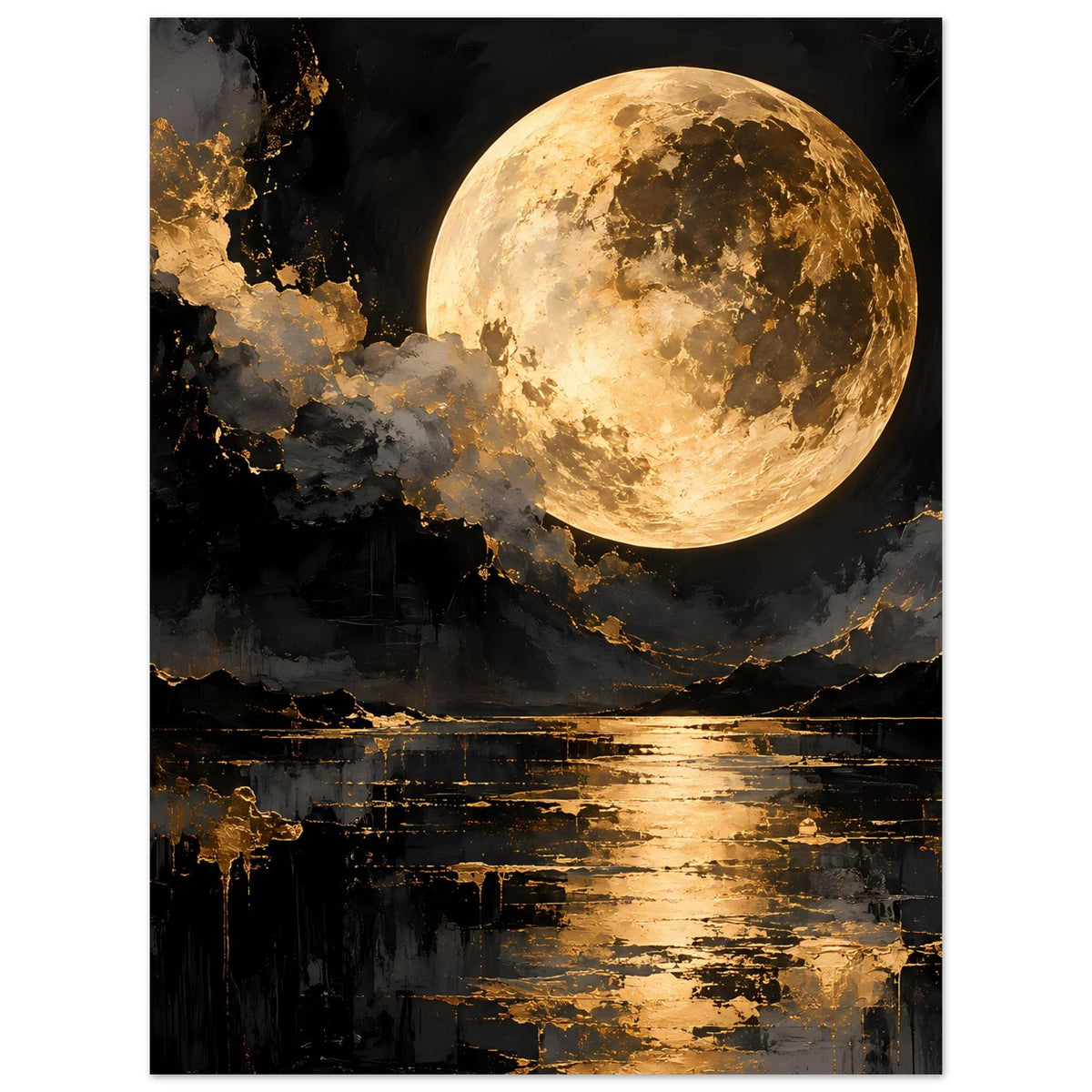 Rechteckiges Wandbild mit goldfarbigem Mond und dunkler Landschaft mit goldenen Akzenten