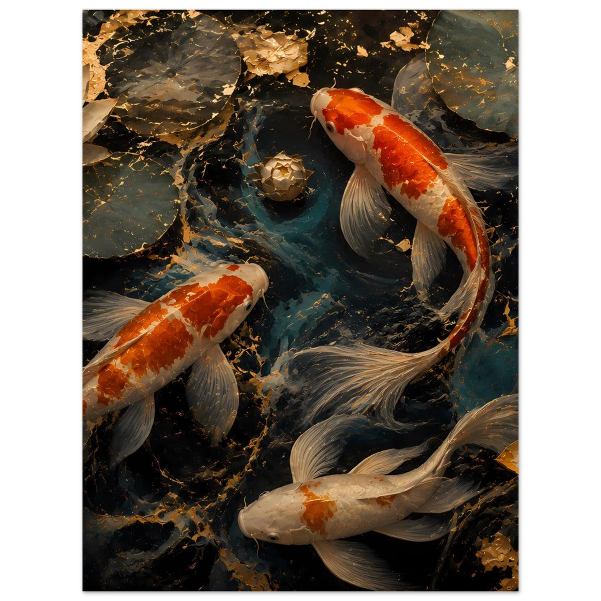 Poster mit Koi-Fischen im Teich, orange-weiße Koi und silbergraue Fische, ruhige Wasseroberfläche