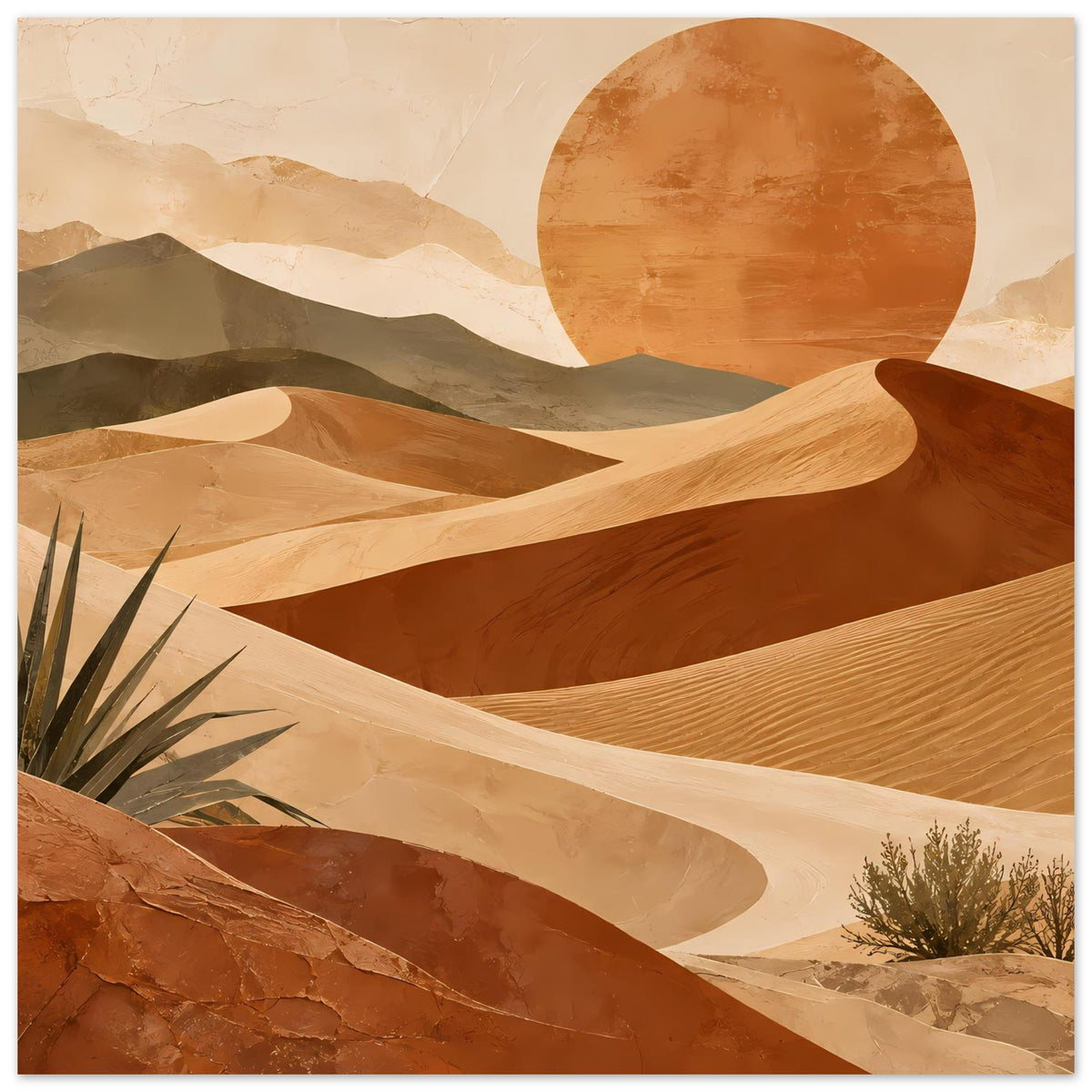 Wüstenlandschaft-Poster mit warmen Erdtönen: Sanddünen, Sonnenkreis und rötlicher Hügelbereich