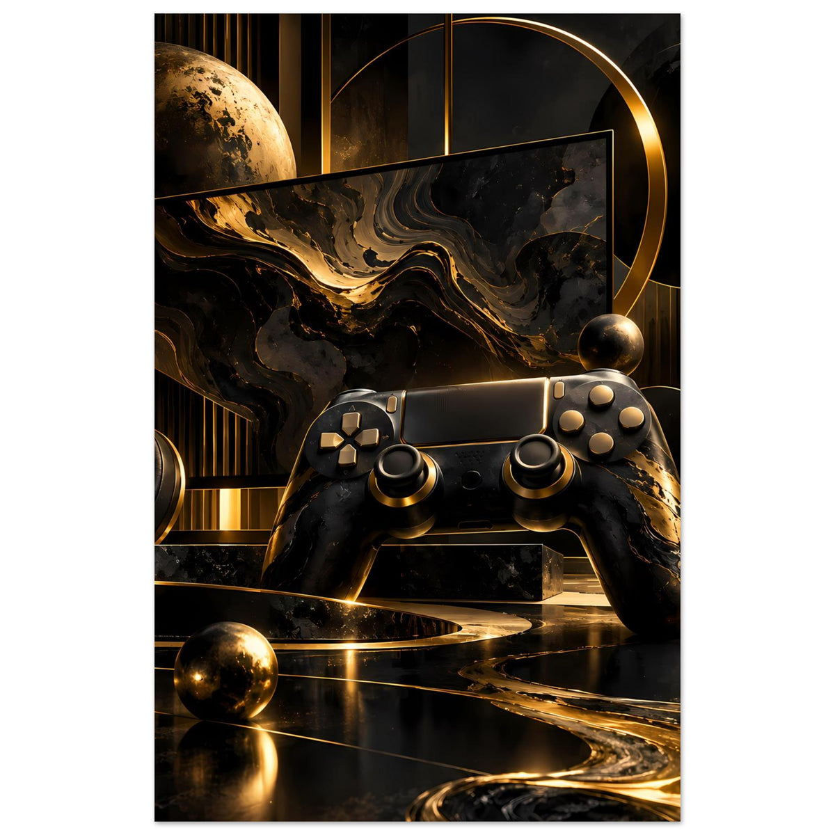 Gaming-Poster, vertikal: goldener Gamecontroller vor schwarzer Abstraktion mit Kugelplanet