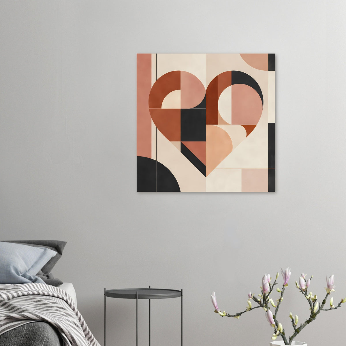Hochformatiges Wandposter mit geometrischem Herz in Terrakotta und Rosa, schwarze Elemente