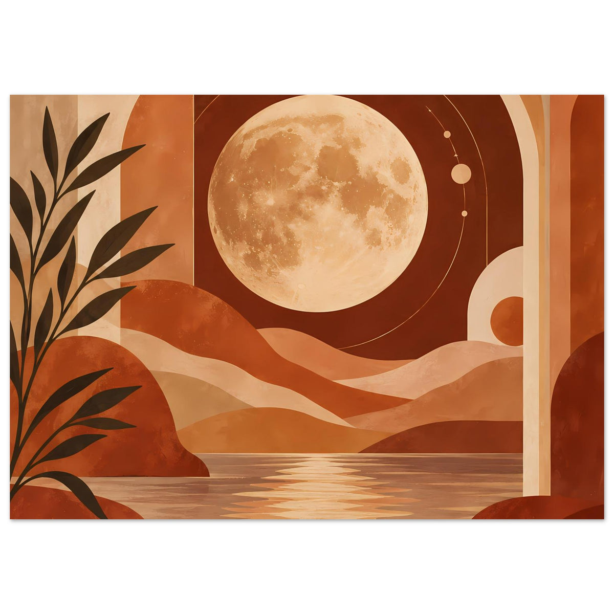 Boho-Poster mit Vollmond, Wüstenmeer und Palmen links sowie Bogen rechts in Terrakotta
