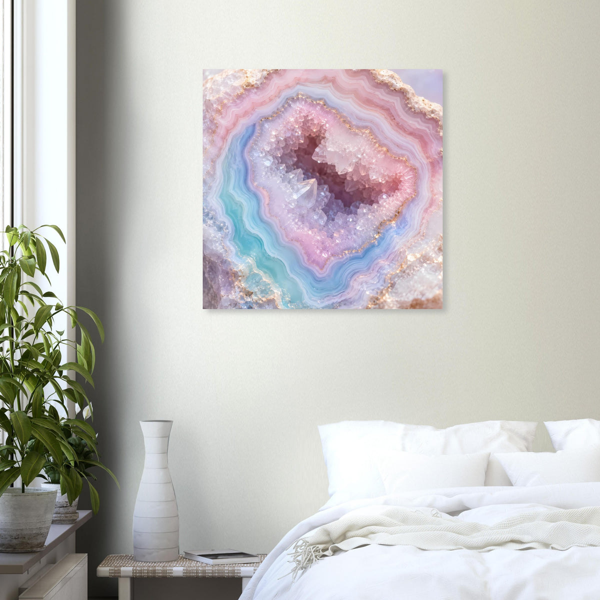 Quadratisches Wandposter mit türkis, pink und lila Achatquerschnitt und feiner Körnung