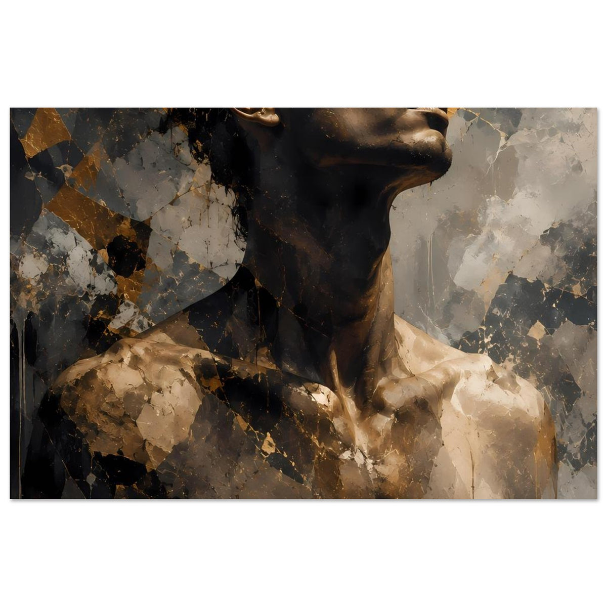 Kunstposter mit abstraktem Männerporträt, schwarze und goldene Akzente, Oberkörper nah